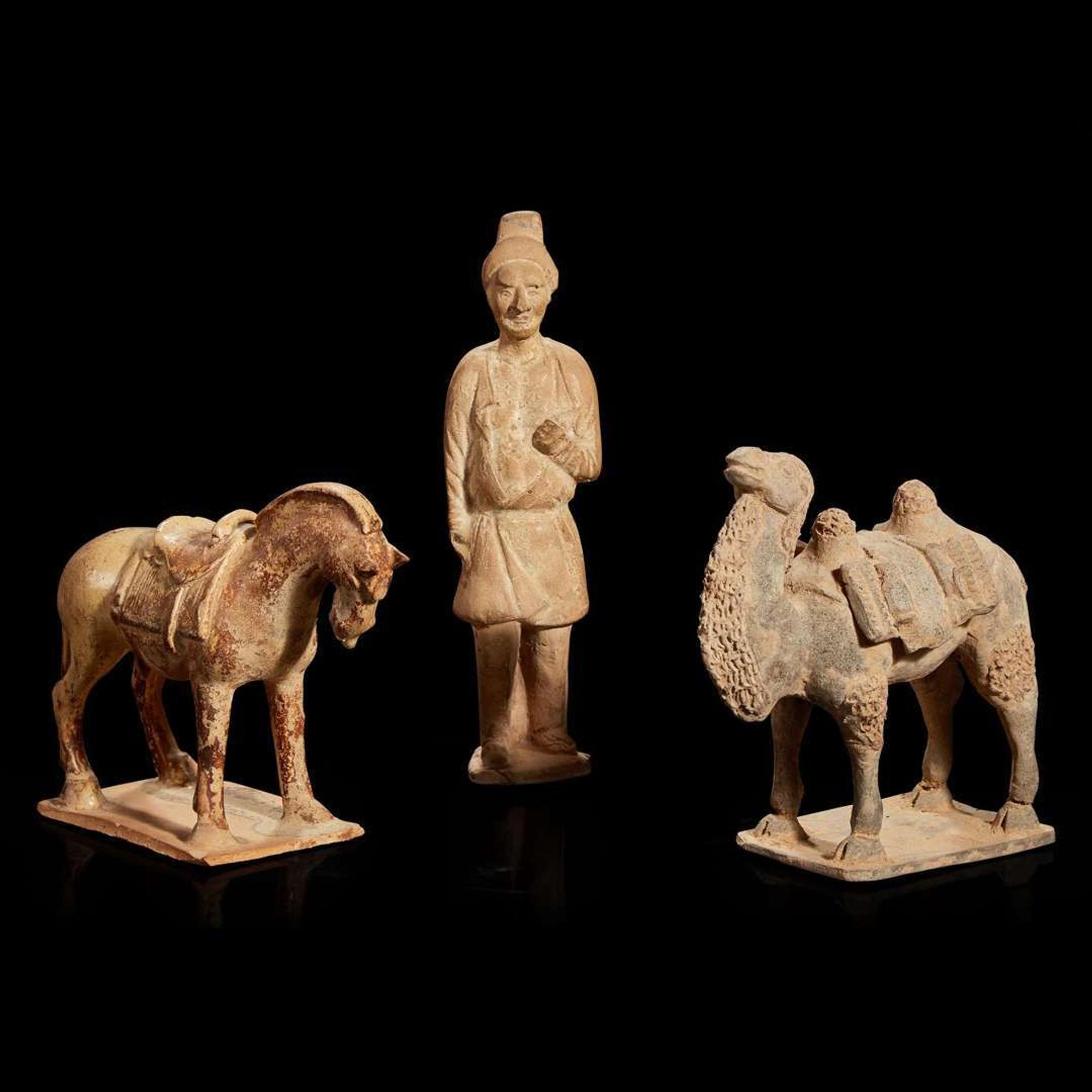 Three Chinese pottery figures of an attendant, a horse and a camel