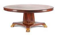 A Regency Style Parcel Gilt Mahogany Dining Table Height 30 1/2 x diameter of top 71 inches.