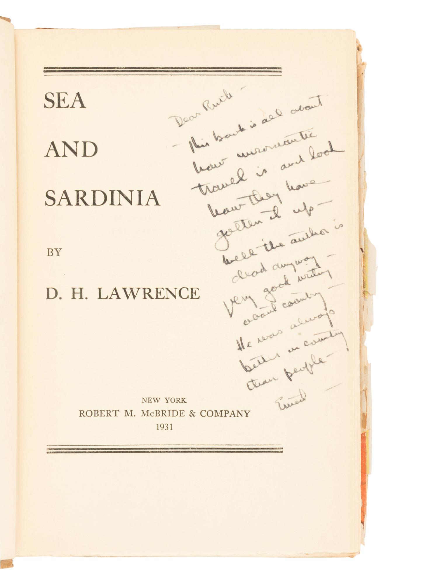[HEMINGWAY, Ernest (1899-1961)]. LAWRENCE, David Herbert (1885-1930). Sea and Sardinia. New York: Robert M. McBride & Company, 1931.