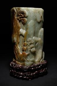 A Carved Celadon and Russet Jade Brush Pot and Stand, Bitong