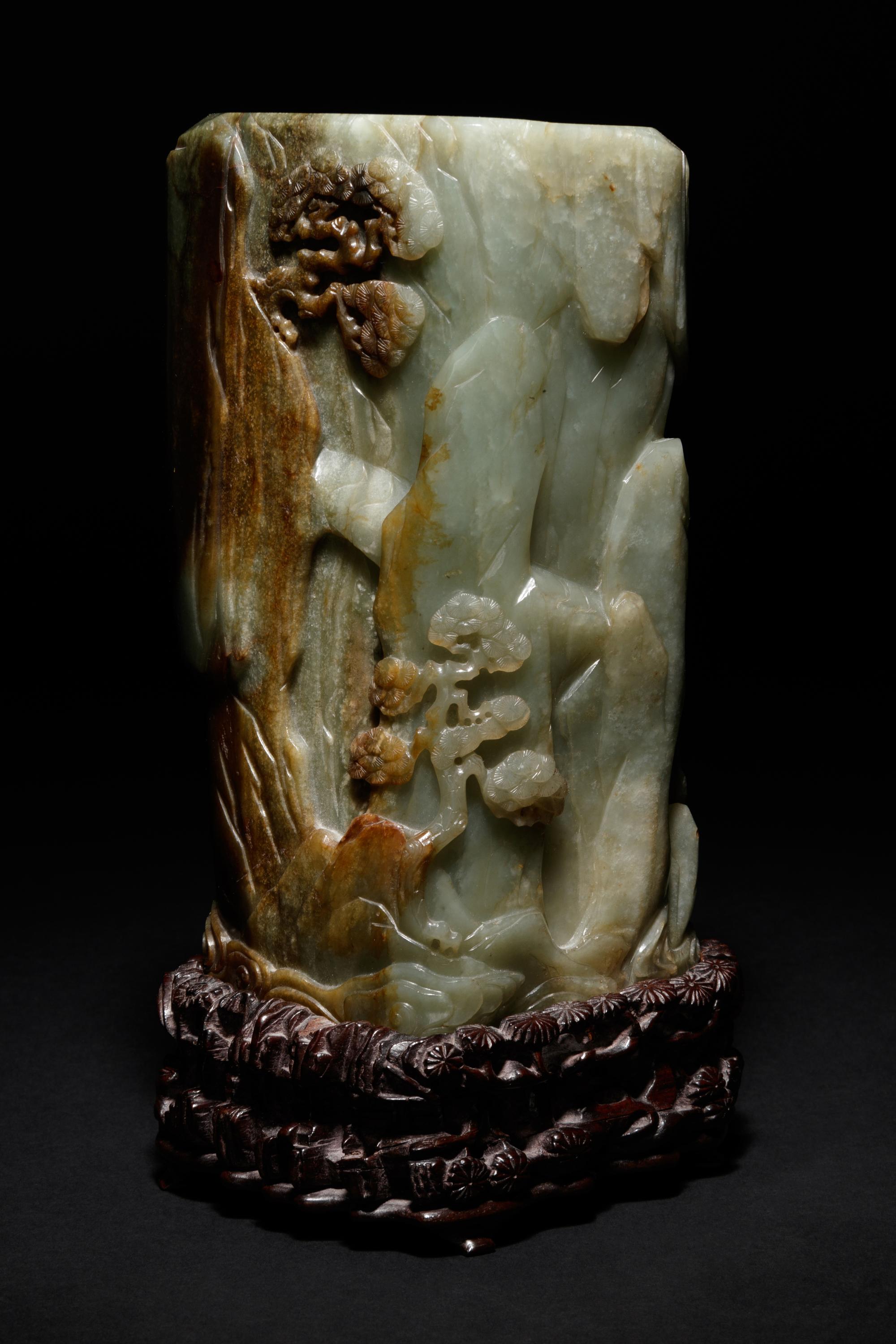 A Carved Celadon and Russet Jade Brush Pot and Stand, Bitong