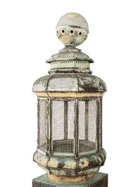 A Pair of Weathered Painted Sheet Metal Lanterns Converted to Bird Cages