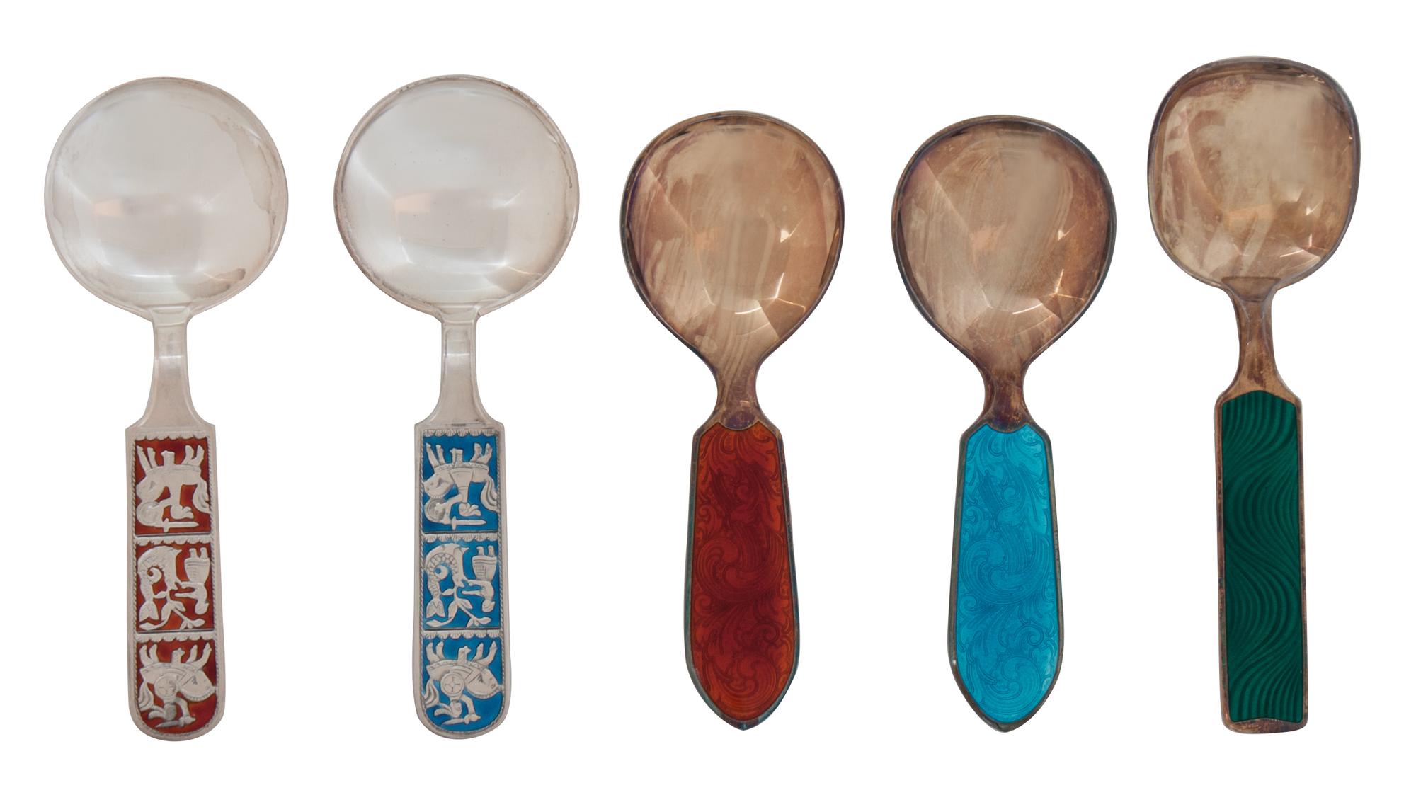 Five Norwegian Silver and Enamel Spoons, David Andersen, Oslo and Theodor Olsens Eftf, Bergen, comprising three silver gilt spoons by O