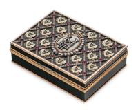 A 14 Karat Gold, Diamond and Guilloché Enamel Inset Hardstone Snuff Box