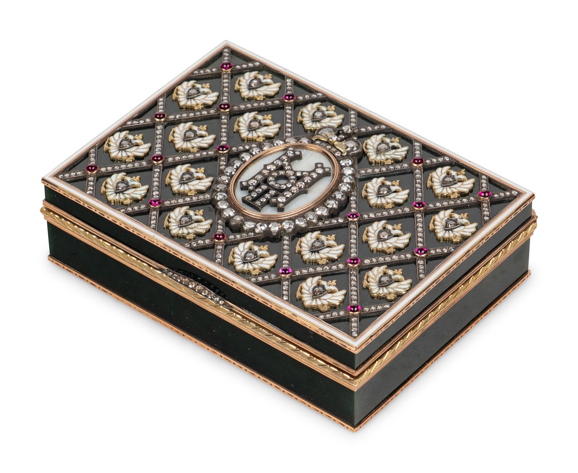 A 14 Karat Gold, Diamond and Guilloché Enamel Inset Hardstone Snuff Box
