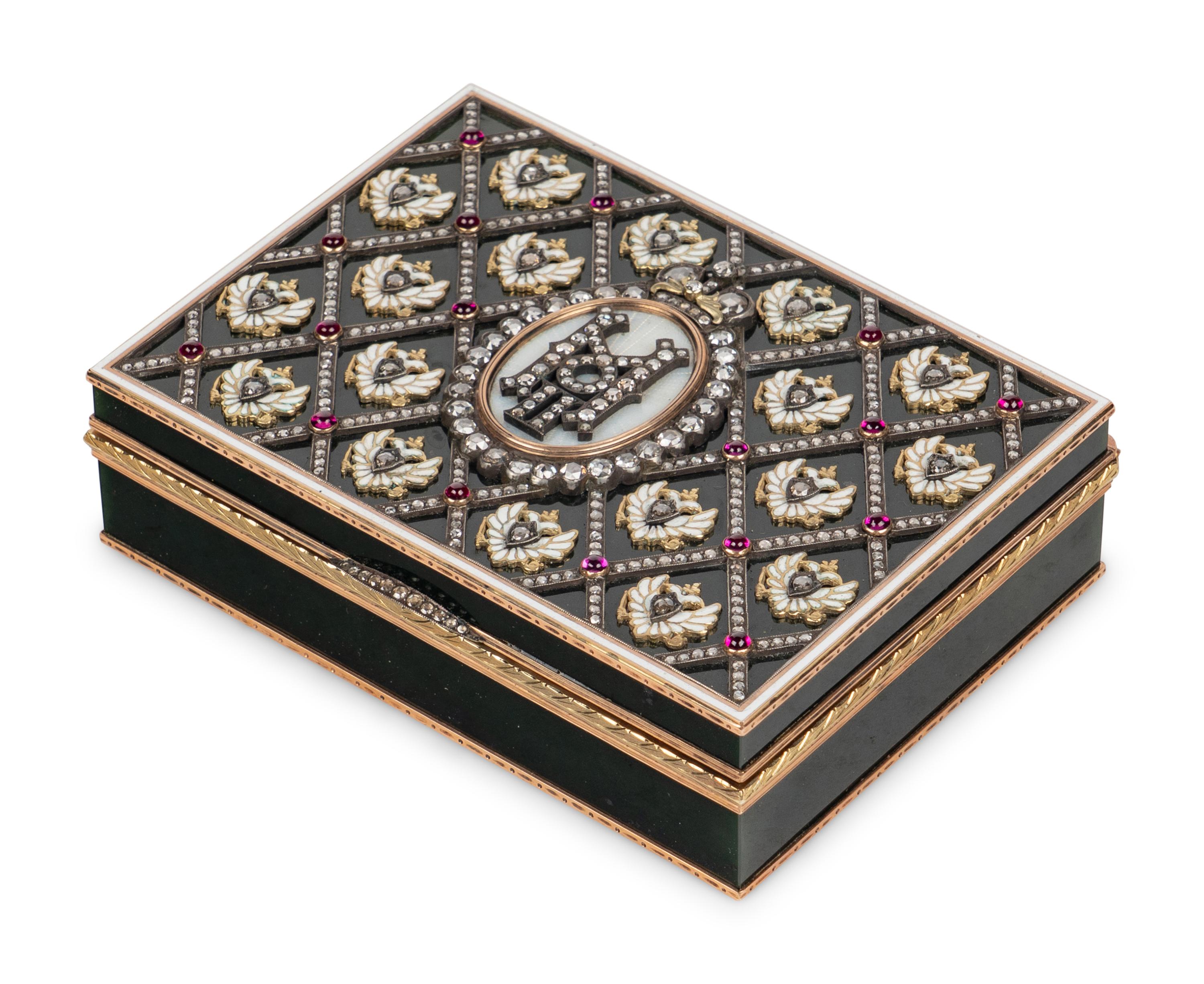A 14 Karat Gold, Diamond and Guilloché Enamel Inset Hardstone Snuff Box