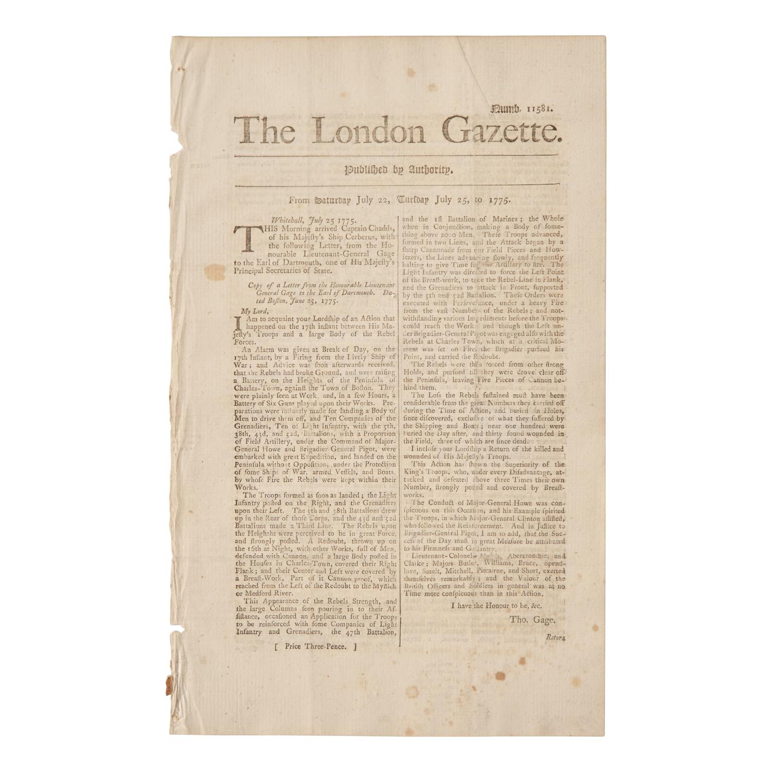 [American Revolution] Very Rare First Report of the Battle of Bunker Hill Printed in England