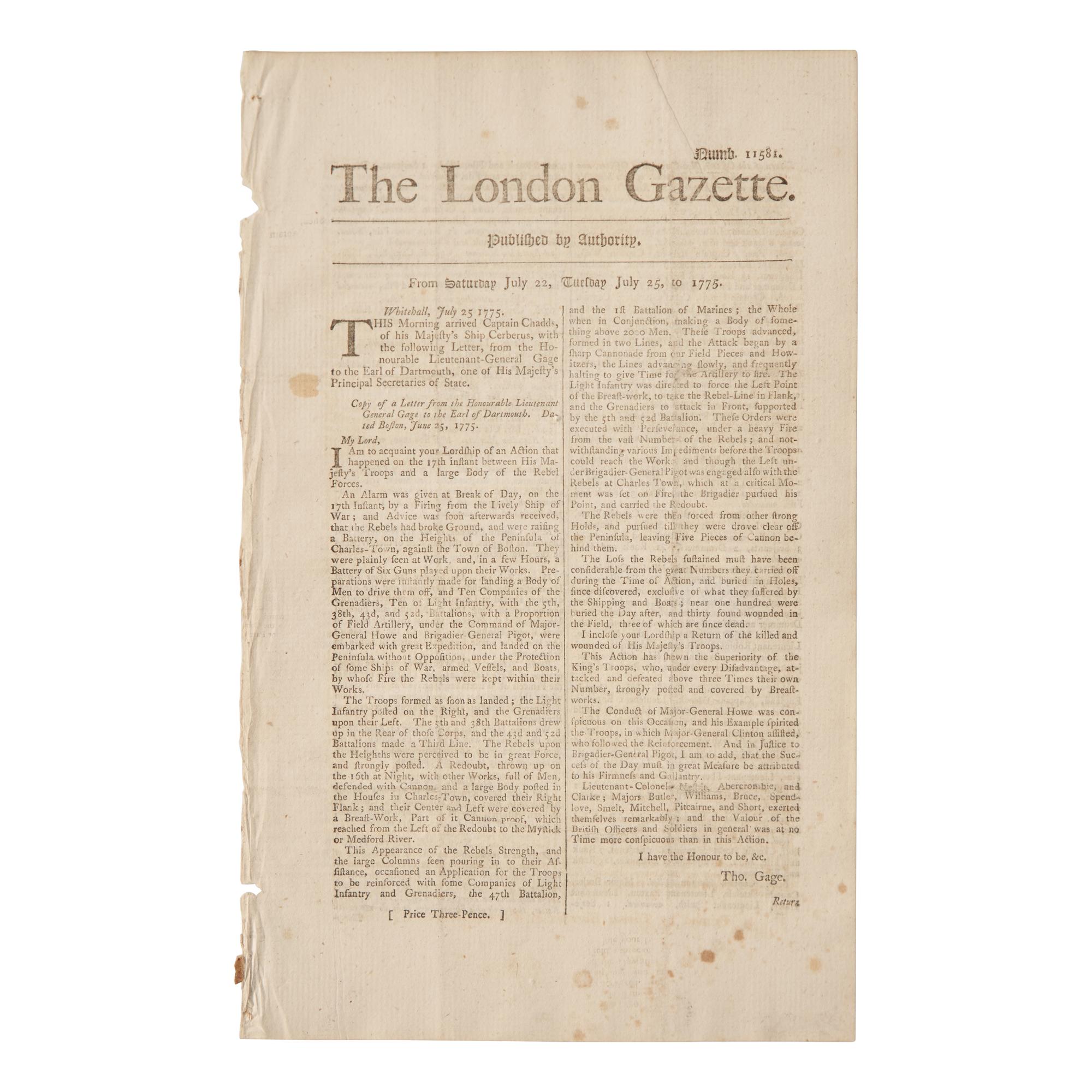 [American Revolution] Very Rare First Report of the Battle of Bunker Hill Printed in England