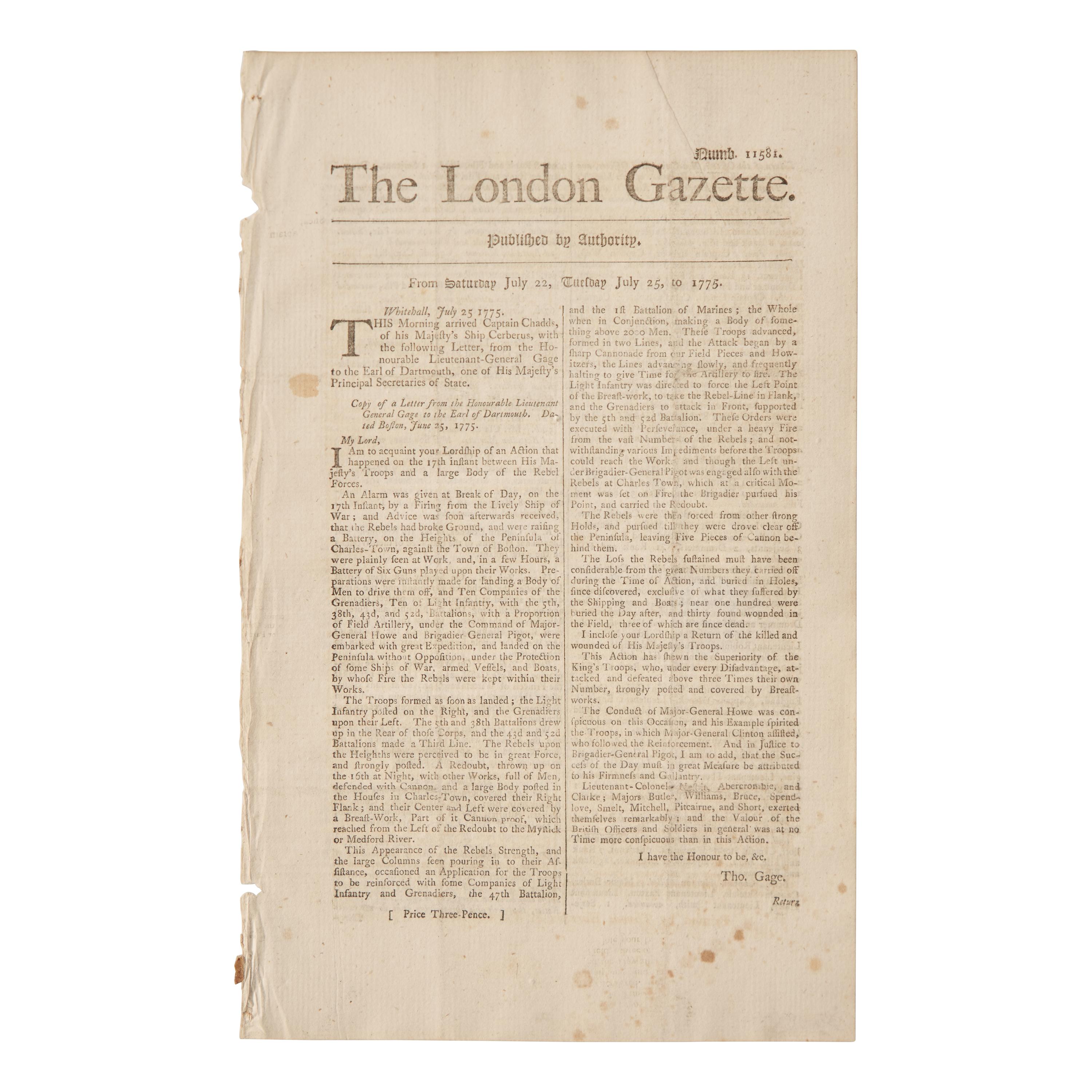 [American Revolution] Very Rare First Report of the Battle of Bunker Hill Printed in England