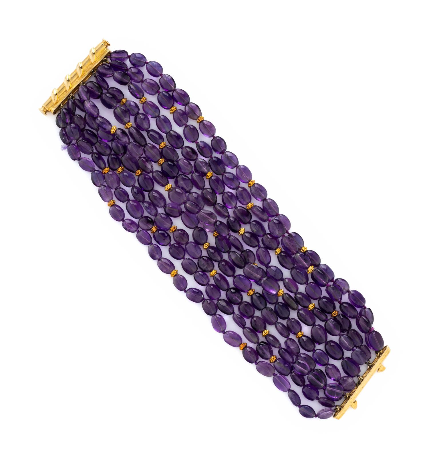 ITALIAN, AMETHYST AND YELLOW GOLD BEADED TORSADE BRACELET