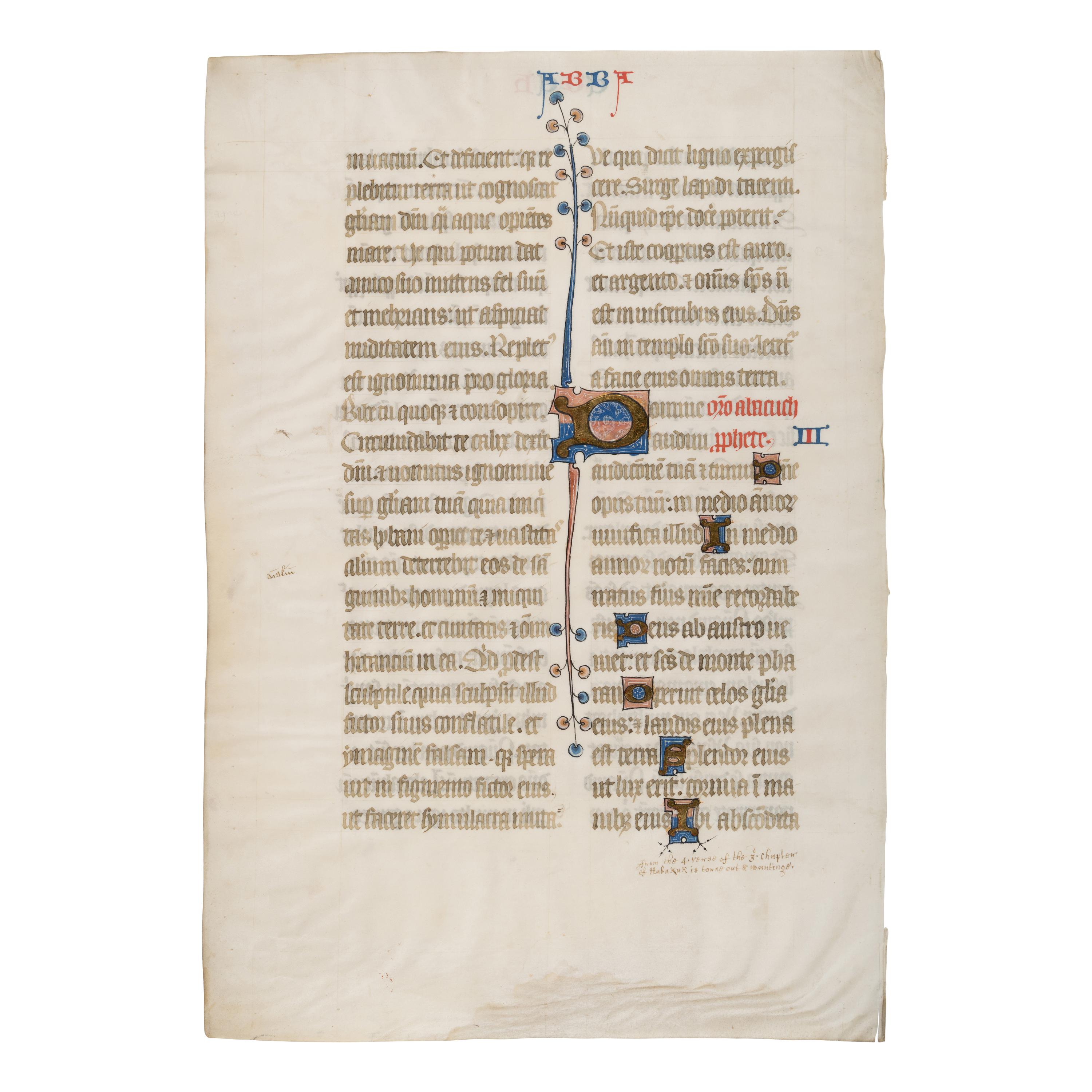 Bohun Group Illuminators (active England, East Anglia, possibly Norwich, ca 1350s-1380s). A leaf from the "Bohun Bible" with illuminated initial "O", in Latin, illuminated manuscript on parchment, [England, East Anglia, possibly Norwich, ca 1350].