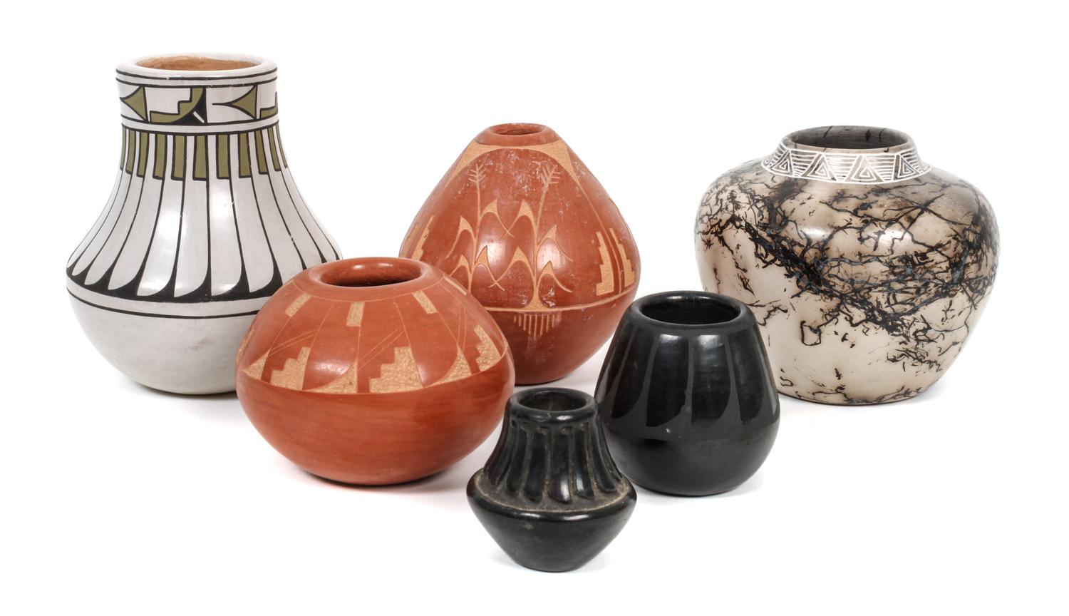 Six Southwestern Pottery Articles Height of tallest 4 3/4 inches.