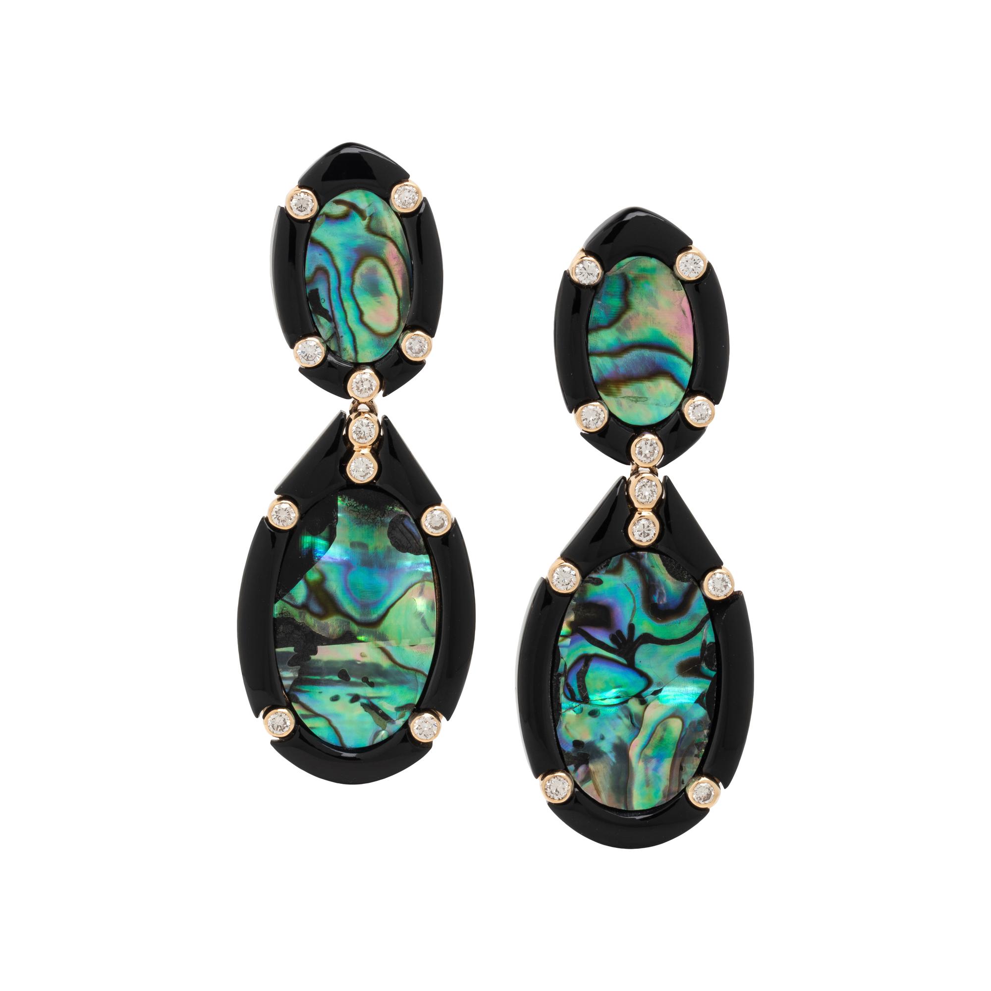 ABALONE MOTHER-OF-PEARL, BLACK ONYX, AND DIAMOND EARRINGS