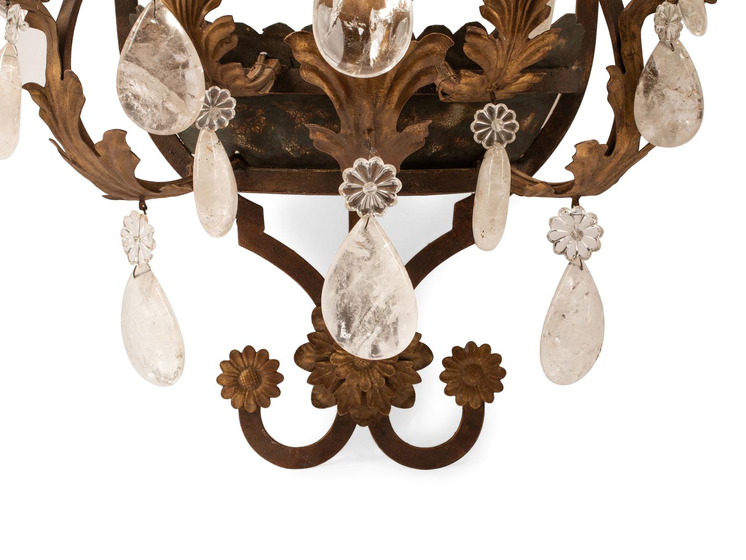 A Pair of Spanish Iron and Rock Crystal Five-Light Sconces
