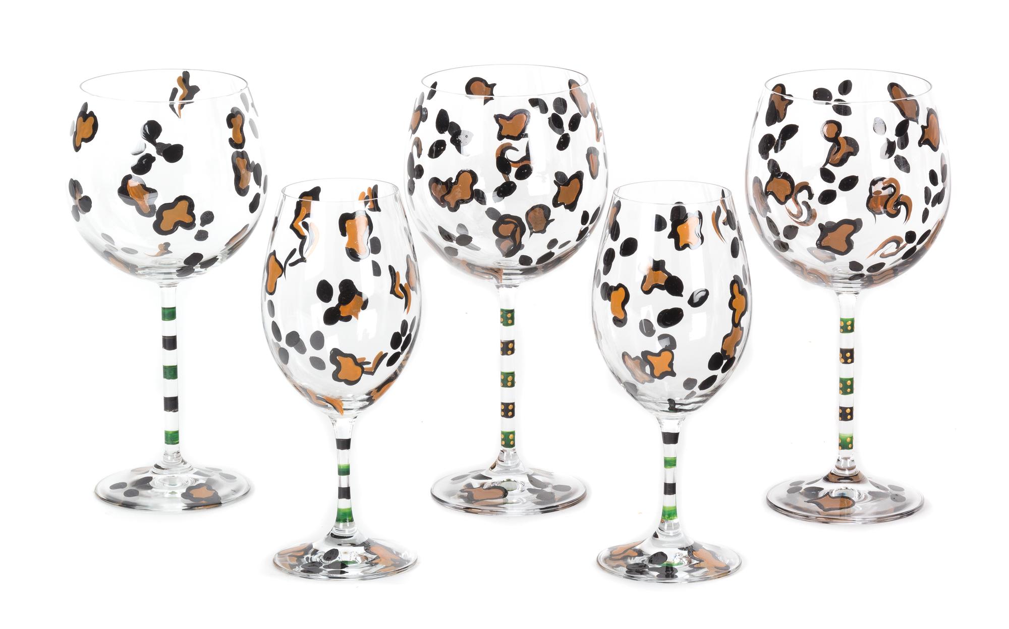 A Set of Hand Painted Leopard Print Stemware Height of tallest 10 inches.