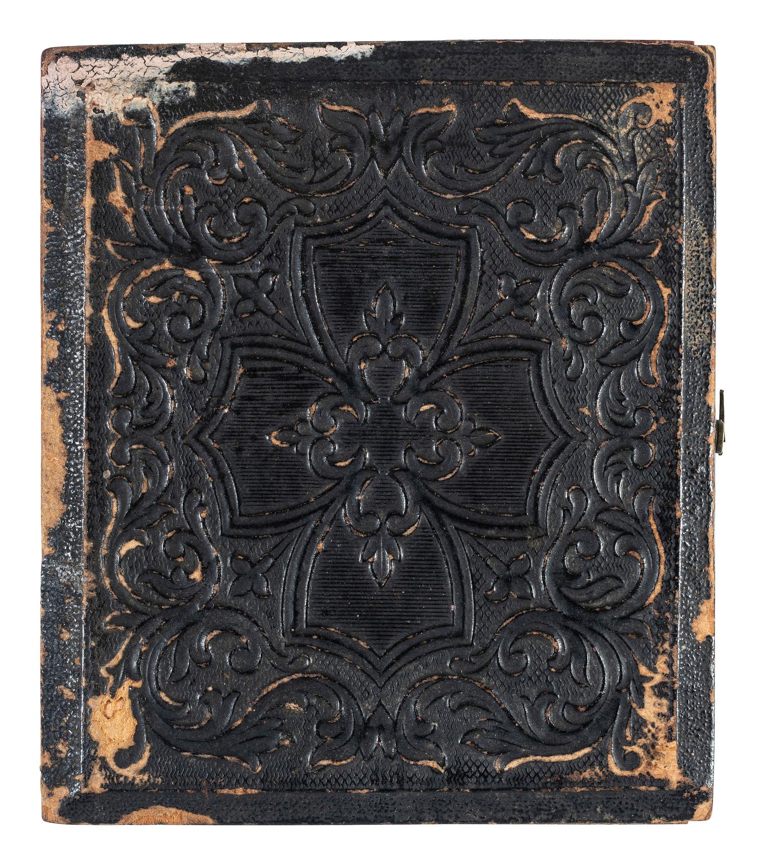 [EARLY PHOTOGRAPHY]. Sixth plate tintype of mustachioed man displaying a large book.