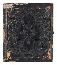 [EARLY PHOTOGRAPHY]. Sixth plate tintype of mustachioed man displaying a large book.