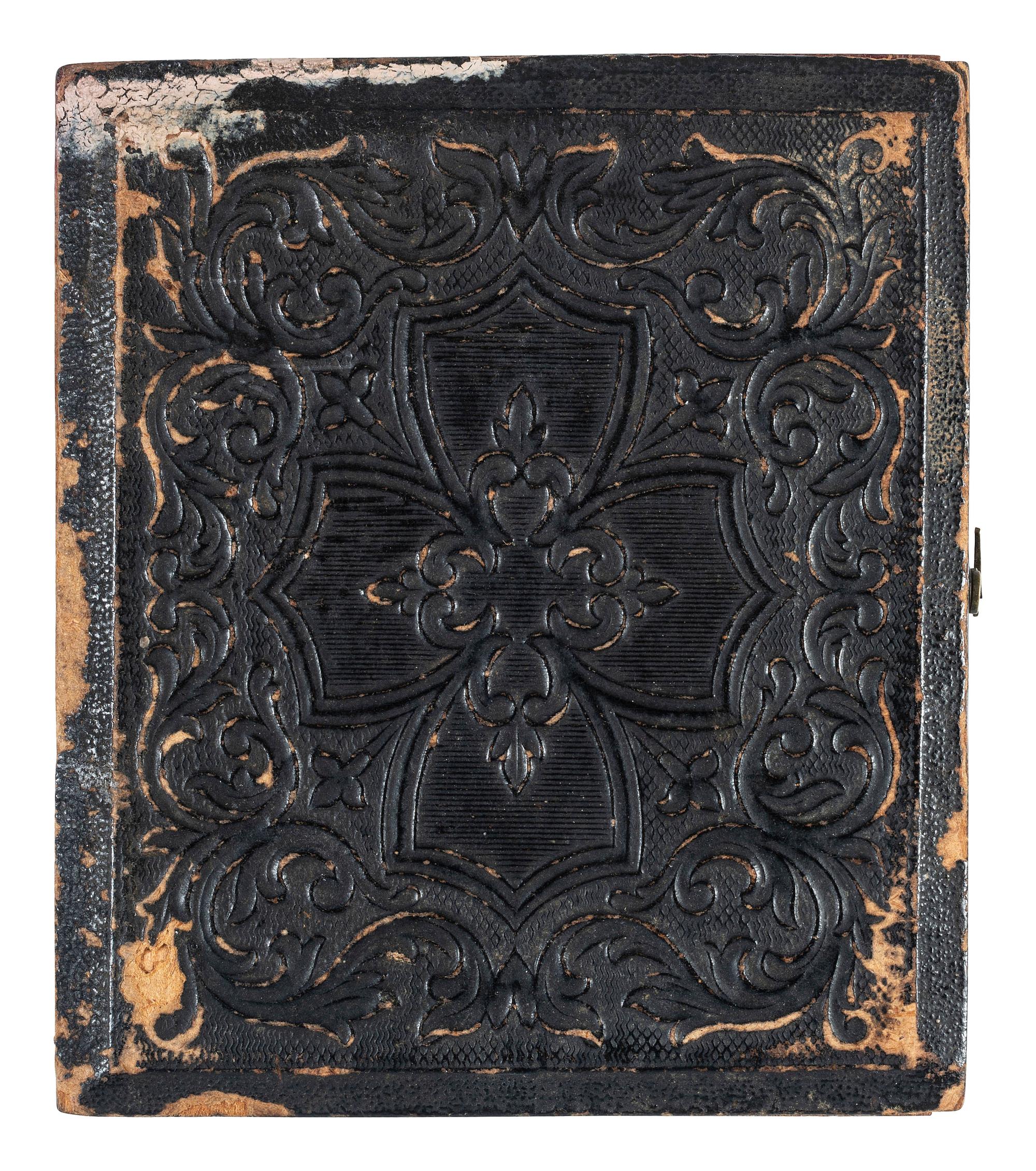 [EARLY PHOTOGRAPHY]. Sixth plate tintype of mustachioed man displaying a large book.