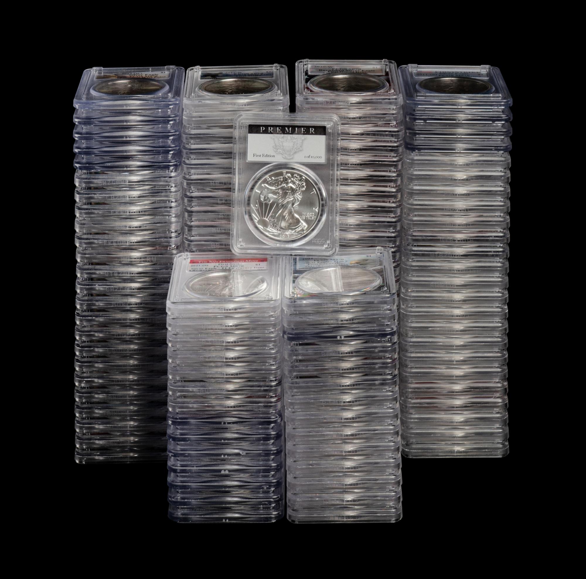 A Large Collection of One Hundred and Twenty-Five PCGS Graded MS70 and SP70 Silver Eagle $1 Coins