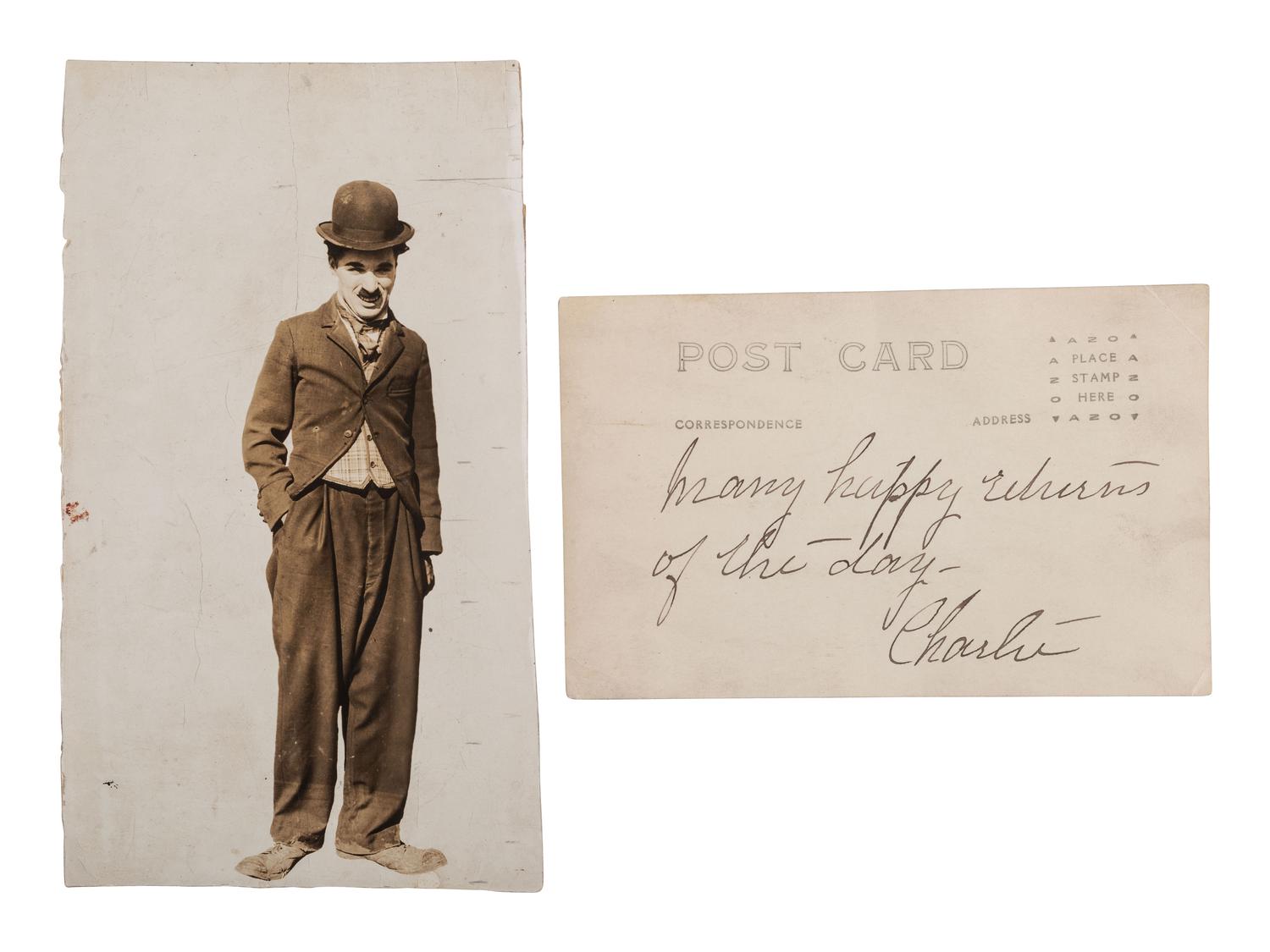 CHAPLIN, Charles (1889-1977). RPPC and portrait featuring Charlie Chaplin as "The Tramp."