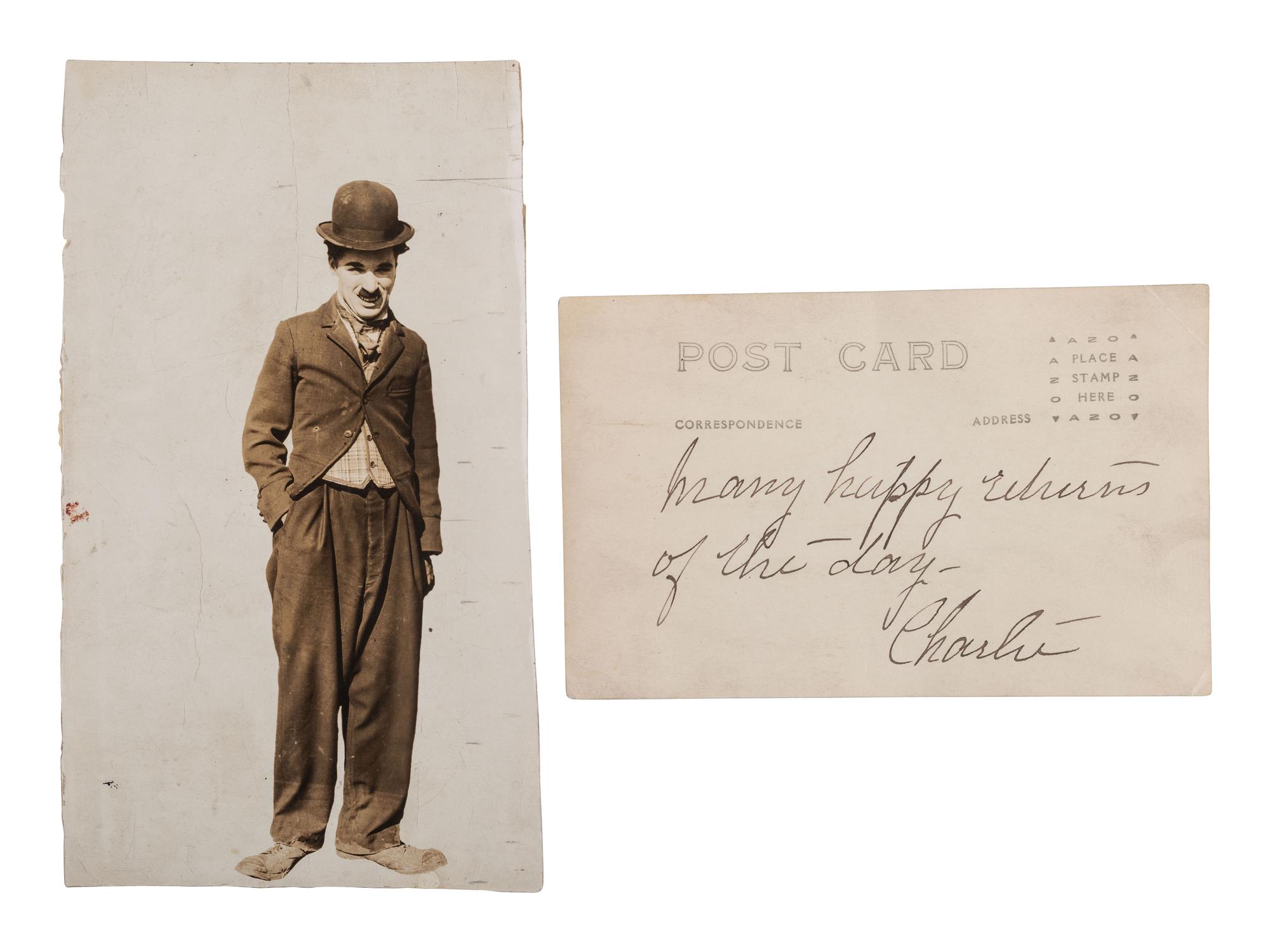 CHAPLIN, Charles (1889-1977). RPPC and portrait featuring Charlie Chaplin as "The Tramp."