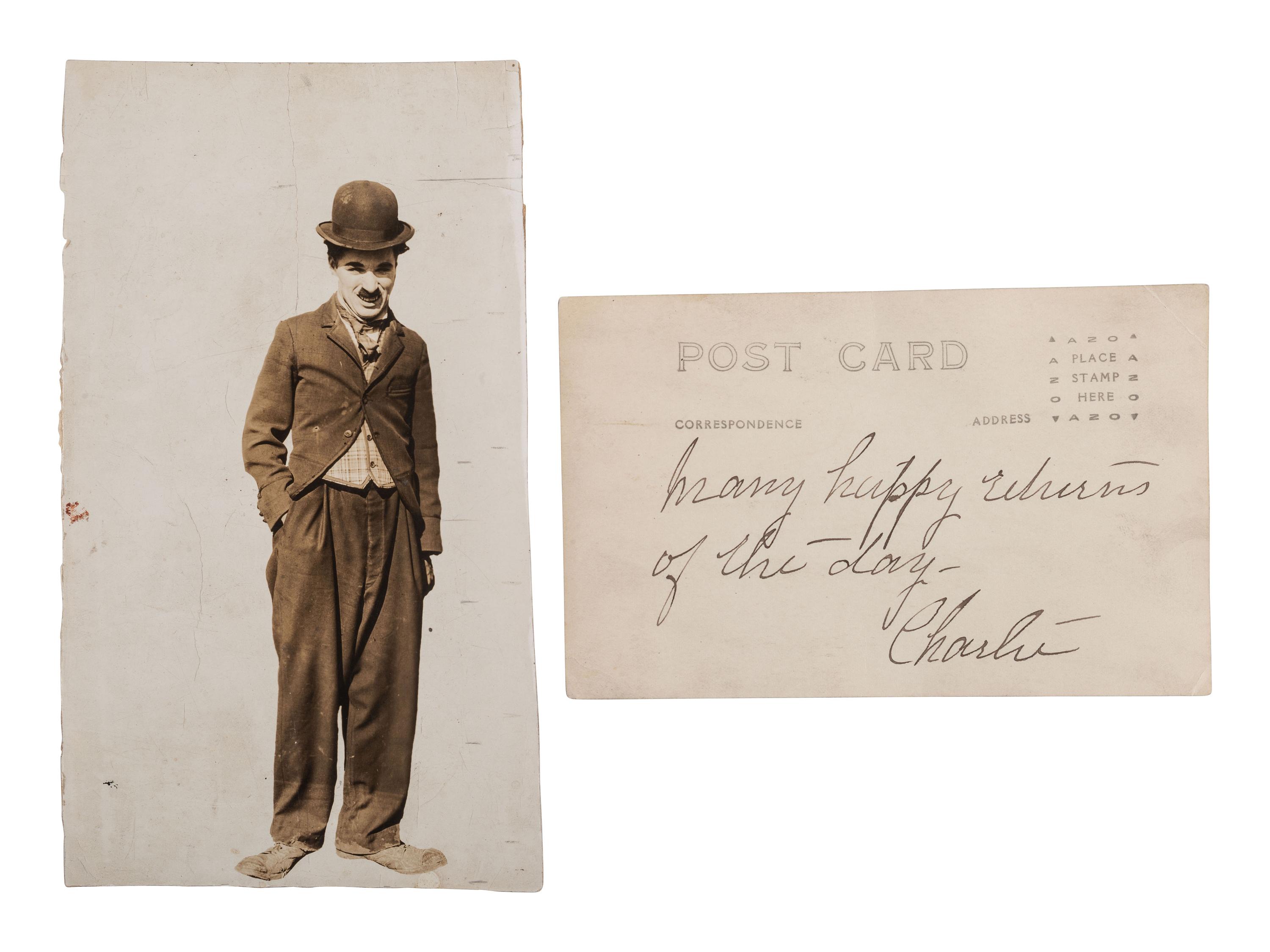 CHAPLIN, Charles (1889-1977). RPPC and portrait featuring Charlie Chaplin as "The Tramp."