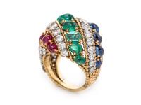 An 18 Karat Yellow Gold, Platinum, Diamond and Multigem Ring, Van Cleef & Arpels,