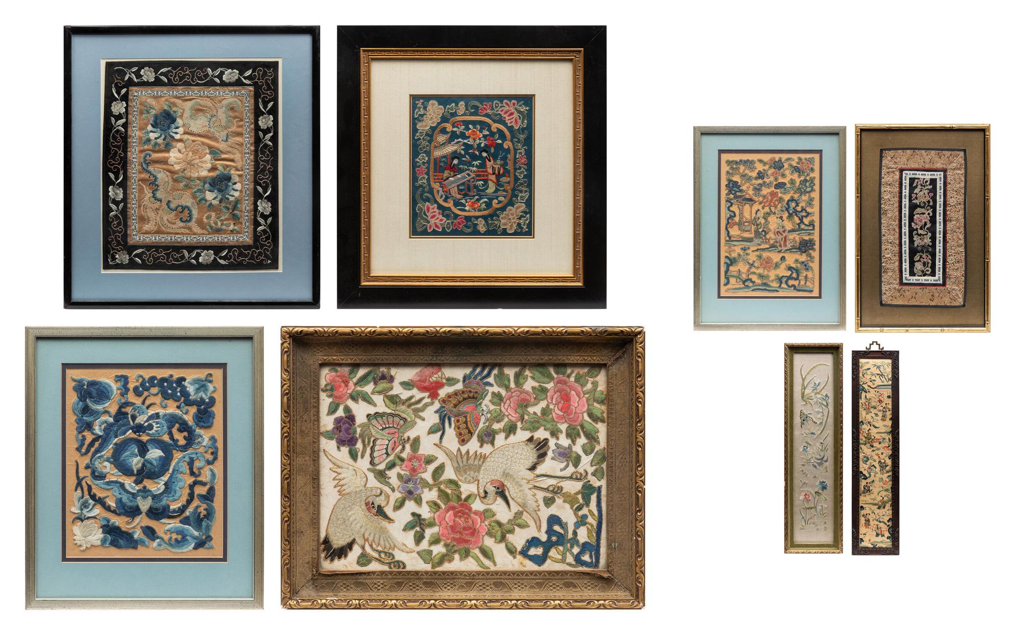 Eight Chinese Embroidered Silk Panels