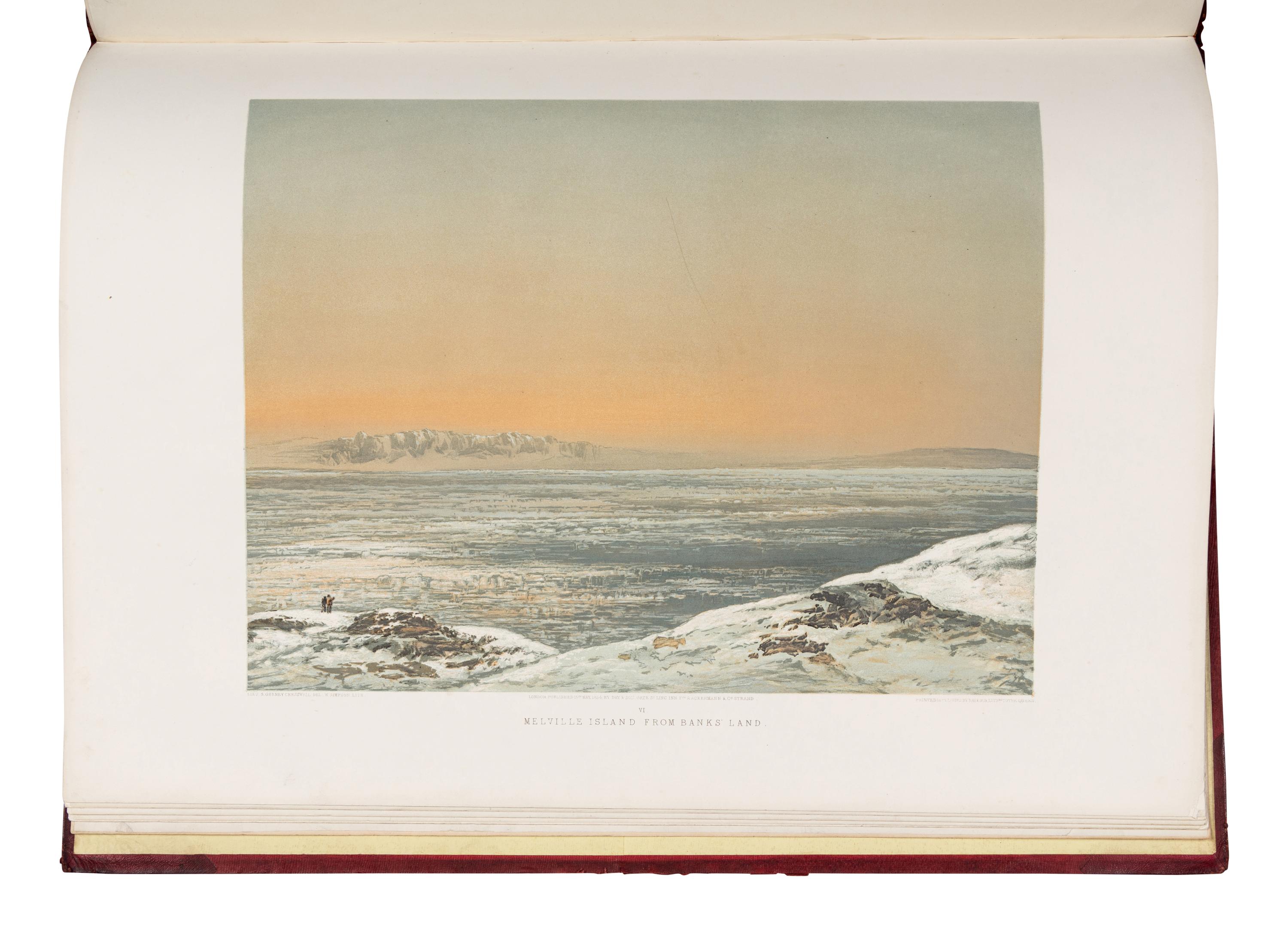 CRESSWELL, Samuel Gurney (1827-1867). A series of eight sketches in colour (together with a chart of the route), by Lieut. S. Gurney Cresswell, of the voyage of H.M.S. Investigator (Captain M’Clure), during the discovery of the North-west passage . London: Day and Son, 1854.