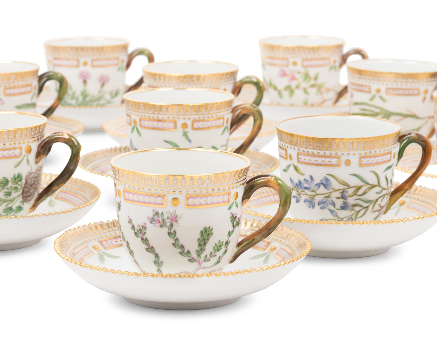 A Set of Twenty-Six Royal Copenhagen Flora Danica Porcelain Coffee Cups and Saucers