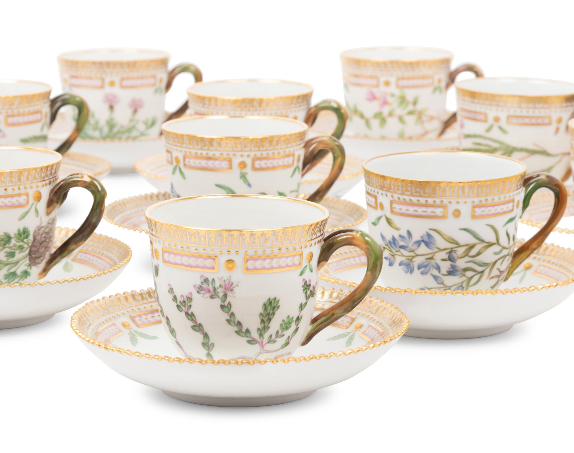 A Set of Twenty-Six Royal Copenhagen Flora Danica Porcelain Coffee Cups and Saucers