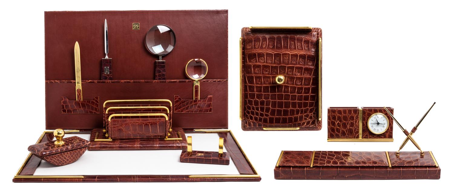 An Italian Alligator Desk Set Width of desk pad 25 1/4 inches. — 20TH CENTURY