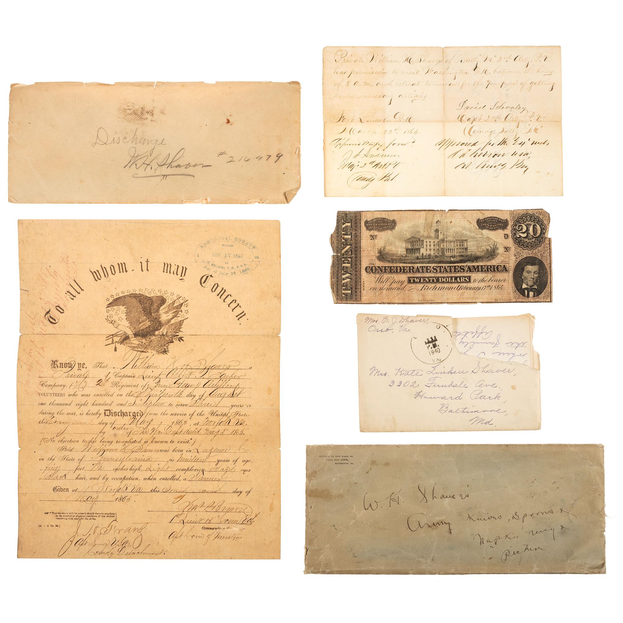 A group of items identified to Private William H. Shaver, Battery M, 2nd Pennsylvania Heavy Artillery, highlighted by war-date tintypes, CDVs, and army mess gear.