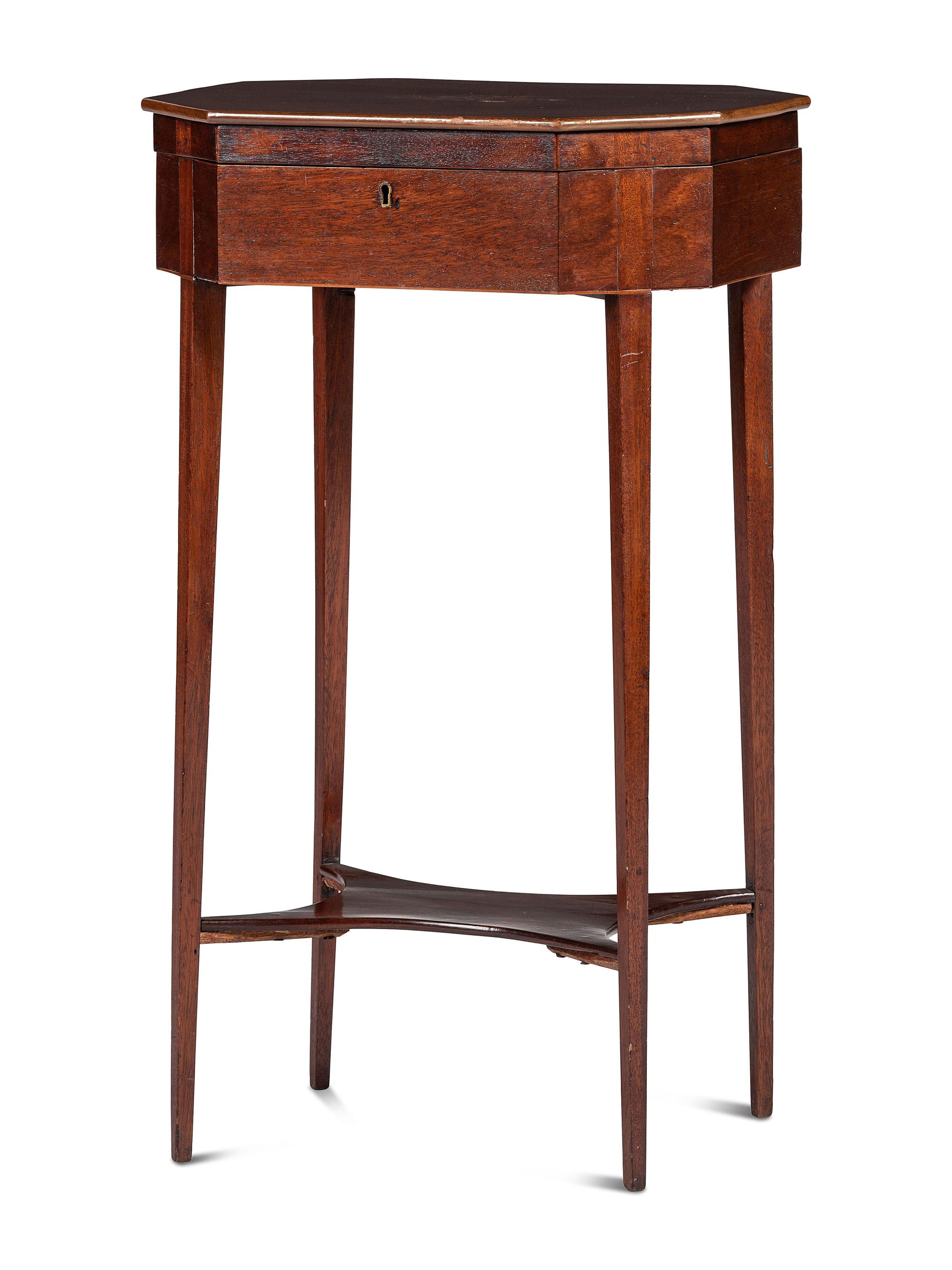 A Federal Shell Inlaid and Figured Mahogany Lady's Octagonal Top Work Table