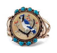 14K Gold Wire Cuff Bracelet, with Blue Jay Mosaic Inlay