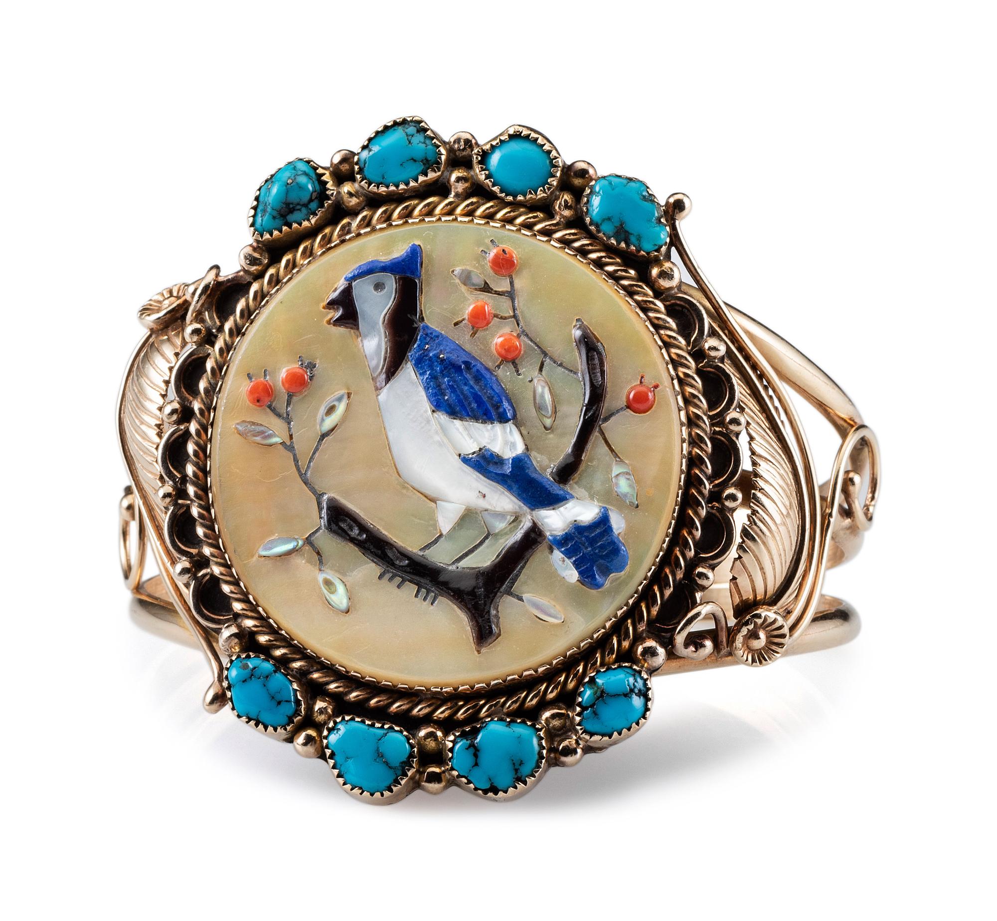 14K Gold Wire Cuff Bracelet, with Blue Jay Mosaic Inlay