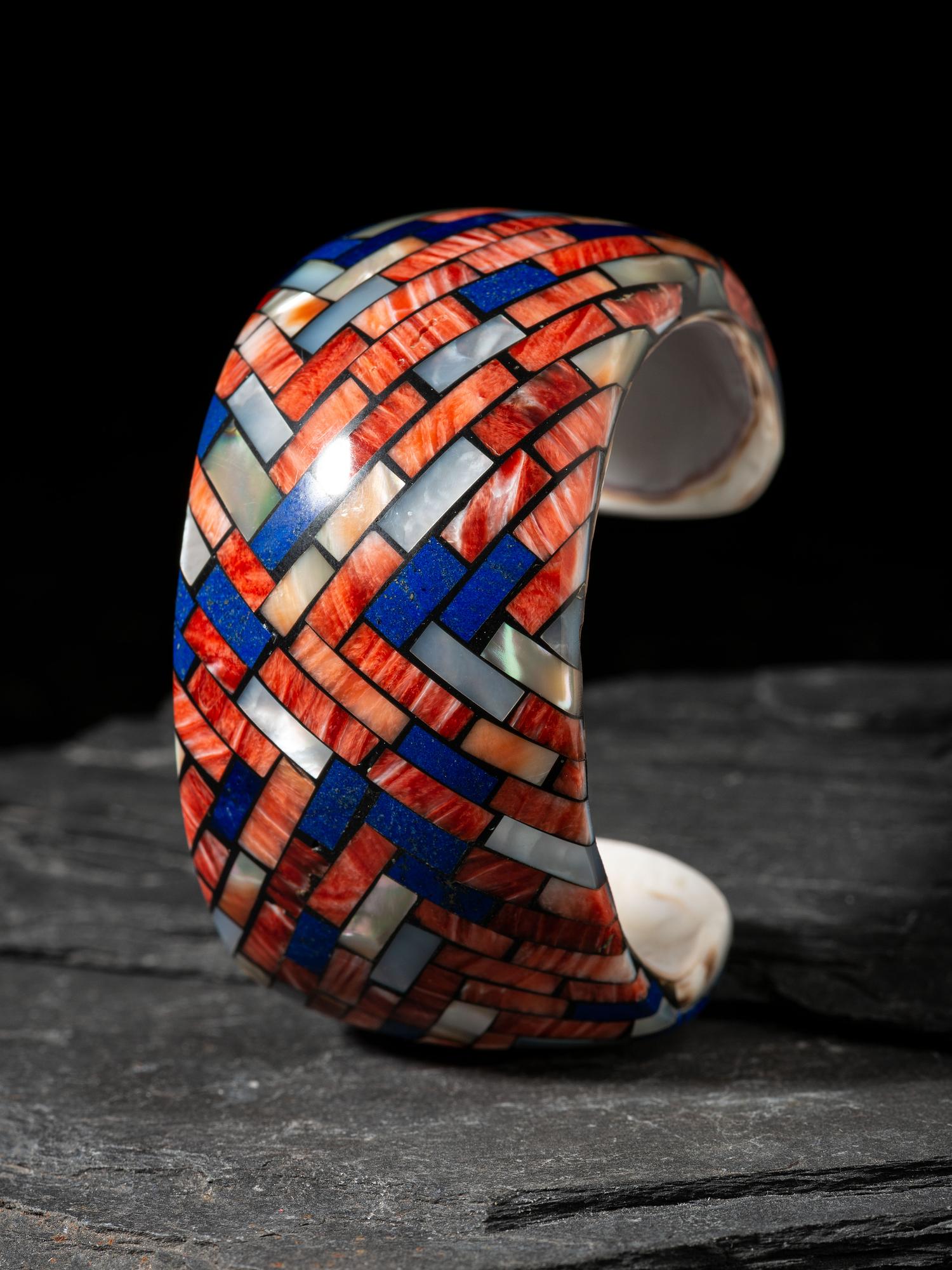 Lapis and Spiny Oyster Mosaic Inlay Cuff Bracelet