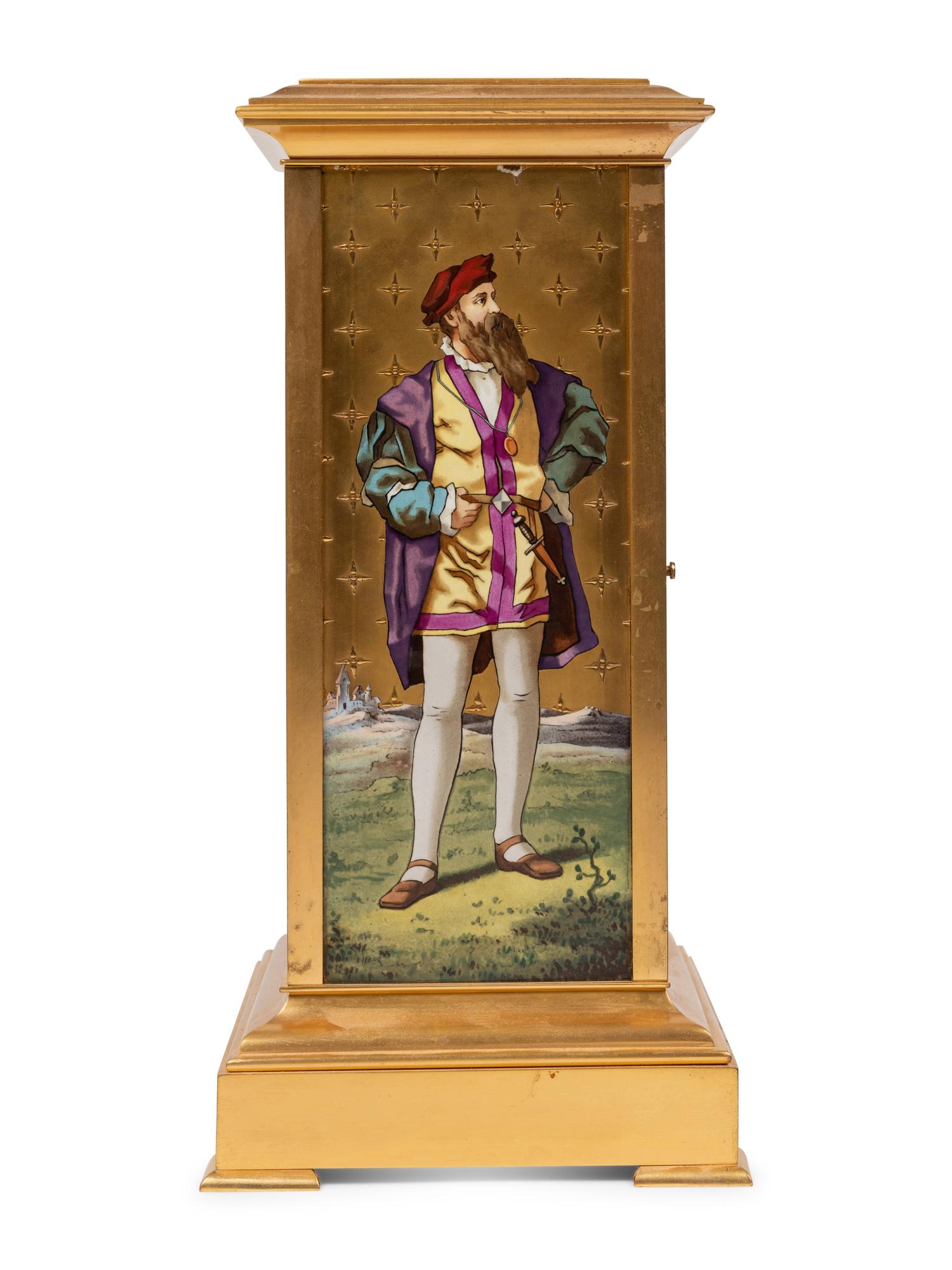 A French Porcelain Inset Gilt Metal Mantel Clock