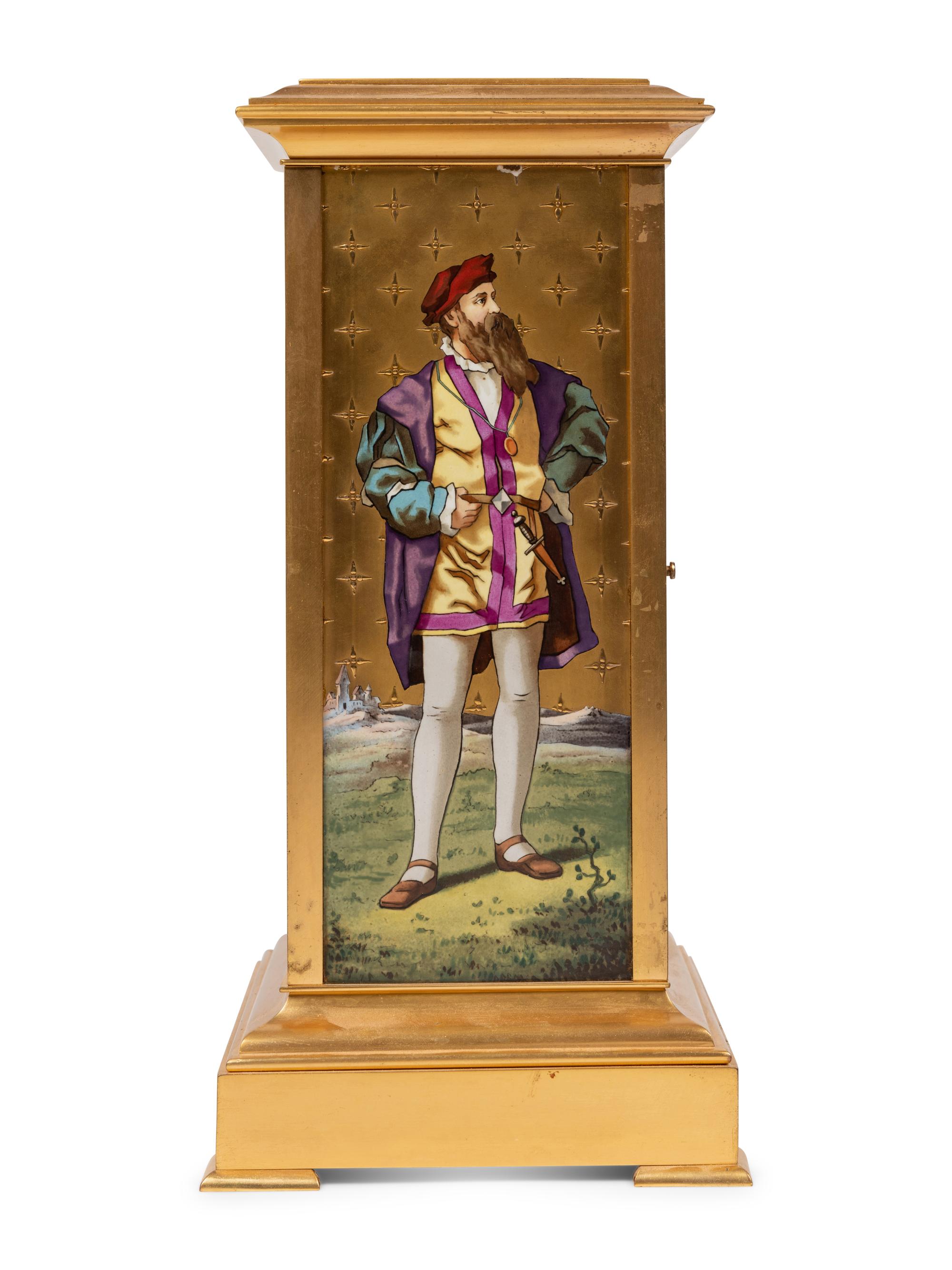 A French Porcelain Inset Gilt Metal Mantel Clock