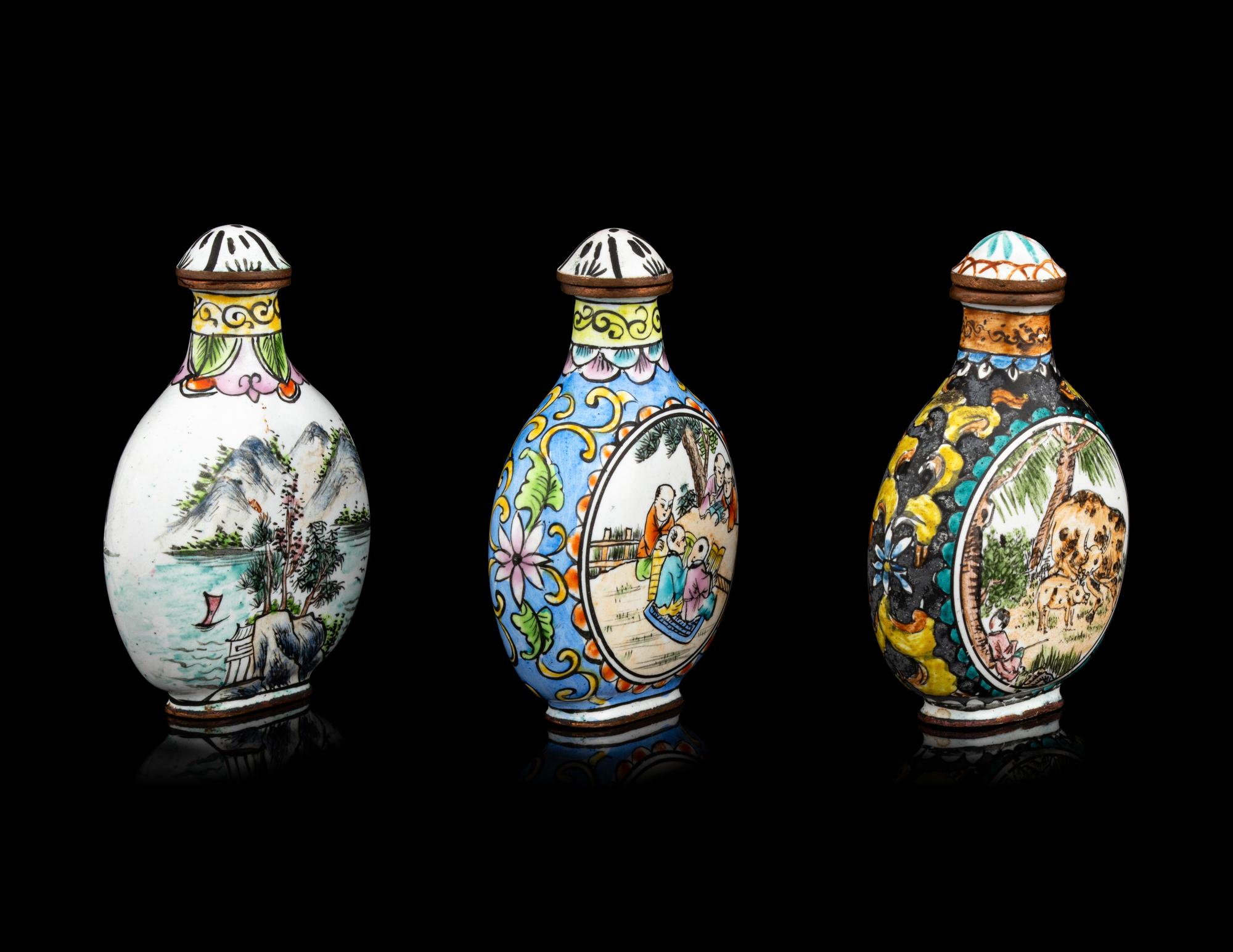 Three Chinese Enamel on Copper Snuff Bottles