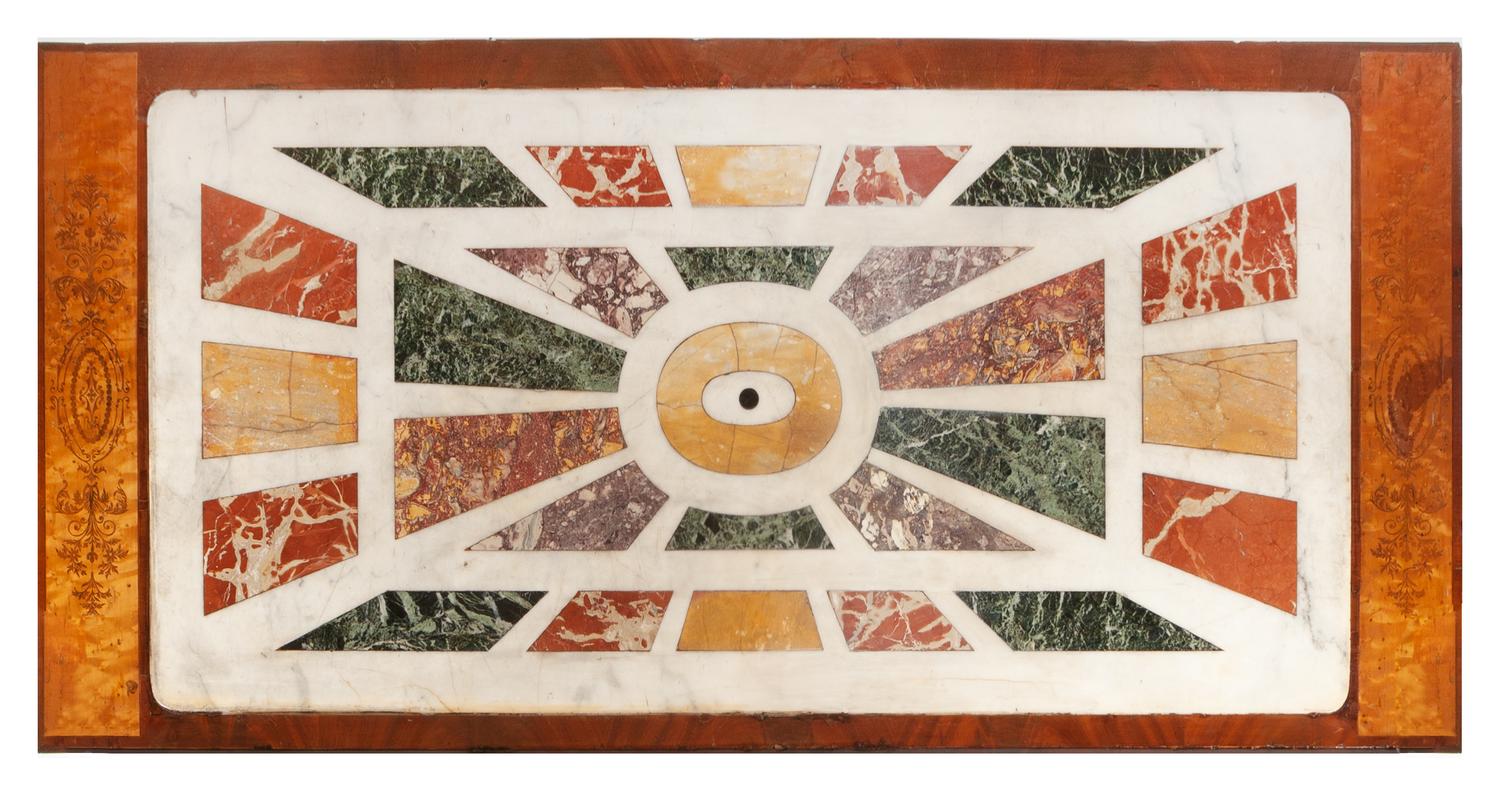 A Charles X Inlaid and Specimen Marble Inset Console Table Height 38 x width 61 x depth 28 1/2 inches. — 19TH CENTURY