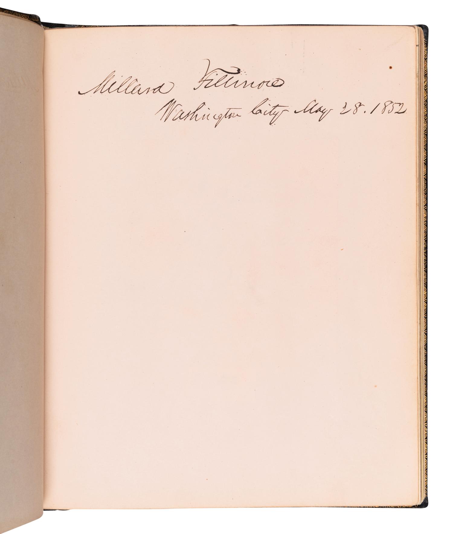 [FILLMORE, Millard (1800-1874) -- AUTOGRAPH ALBUM]. An autograph album, ca 1850s-1870s, assembling more than190 inscriptions, signatures, mounted signatures or letters by various American Presidents, statesmen, missionaries and prominent figures, including: James A. Garfield (inscription: “James A. Garfield / June 1868. Hiram, Ohio”), Millard Fillmore (inscription: “Millard Fillmore / Washington City May 28. 1852”), Daniel Webster (mounted inscription and letter), Henry Clay, William Seward (clipped signature), Jefferson Davis (clipped signature), Patrick Henry (clipped signature laid in loose, with a note containing dried flowers from his grave and related note), Henry Ward Beecher (inscription), Bayard Taylor (letter), Samuel F. B. Morse (inscription), Edwin E. Bliss, Hannibal Hamlin, and numerous others.