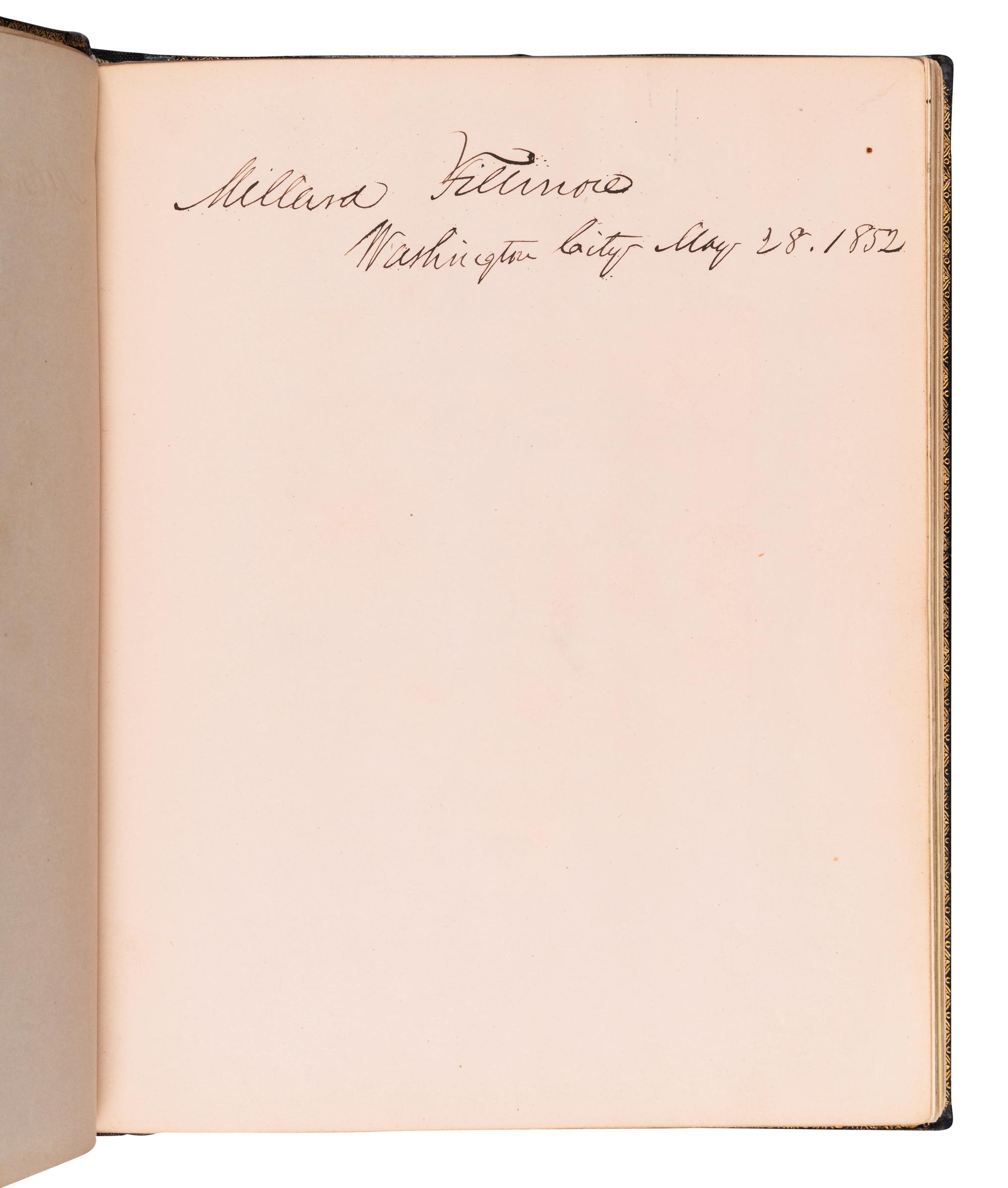 [FILLMORE, Millard (1800-1874) -- AUTOGRAPH ALBUM]. An autograph album, ca 1850s-1870s, assembling more than190 inscriptions, signatures, mounted signatures or letters by various American Presidents, statesmen, missionaries and prominent figures, including: James A. Garfield (inscription: “James A. Garfield / June 1868. Hiram, Ohio”), Millard Fillmore (inscription: “Millard Fillmore / Washington City May 28. 1852”), Daniel Webster (mounted inscription and letter), Henry Clay, William Seward (clipped signature), Jefferson Davis (clipped signature), Patrick Henry (clipped signature laid in loose, with a note containing dried flowers from his grave and related note), Henry Ward Beecher (inscription), Bayard Taylor (letter), Samuel F. B. Morse (inscription), Edwin E. Bliss, Hannibal Hamlin, and numerous others.