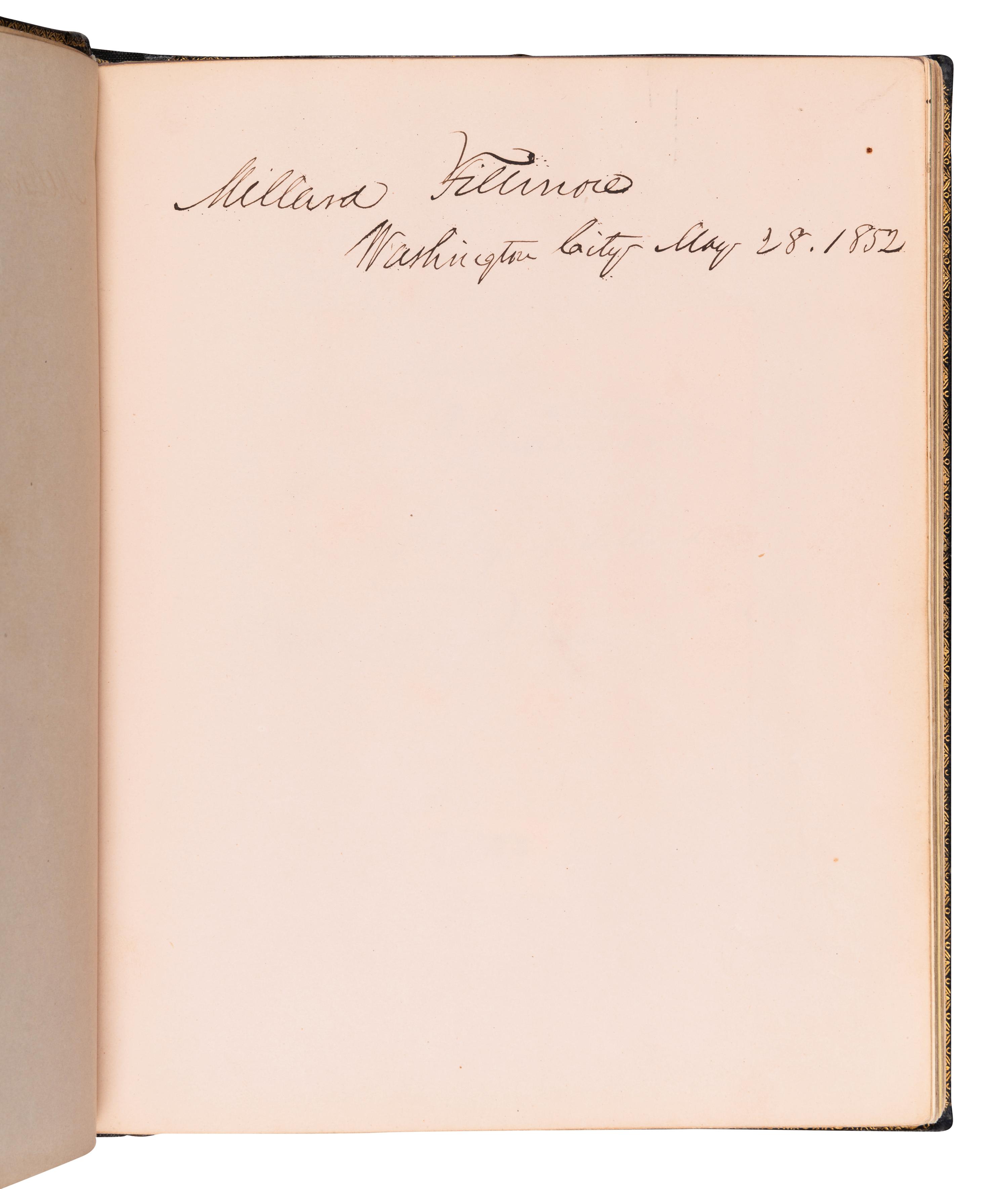 [FILLMORE, Millard (1800-1874) -- AUTOGRAPH ALBUM]. An autograph album, ca 1850s-1870s, assembling more than190 inscriptions, signatures, mounted signatures or letters by various American Presidents, statesmen, missionaries and prominent figures, including: James A. Garfield (inscription: “James A. Garfield / June 1868. Hiram, Ohio”), Millard Fillmore (inscription: “Millard Fillmore / Washington City May 28. 1852”), Daniel Webster (mounted inscription and letter), Henry Clay, William Seward (clipped signature), Jefferson Davis (clipped signature), Patrick Henry (clipped signature laid in loose, with a note containing dried flowers from his grave and related note), Henry Ward Beecher (inscription), Bayard Taylor (letter), Samuel F. B. Morse (inscription), Edwin E. Bliss, Hannibal Hamlin, and numerous others.