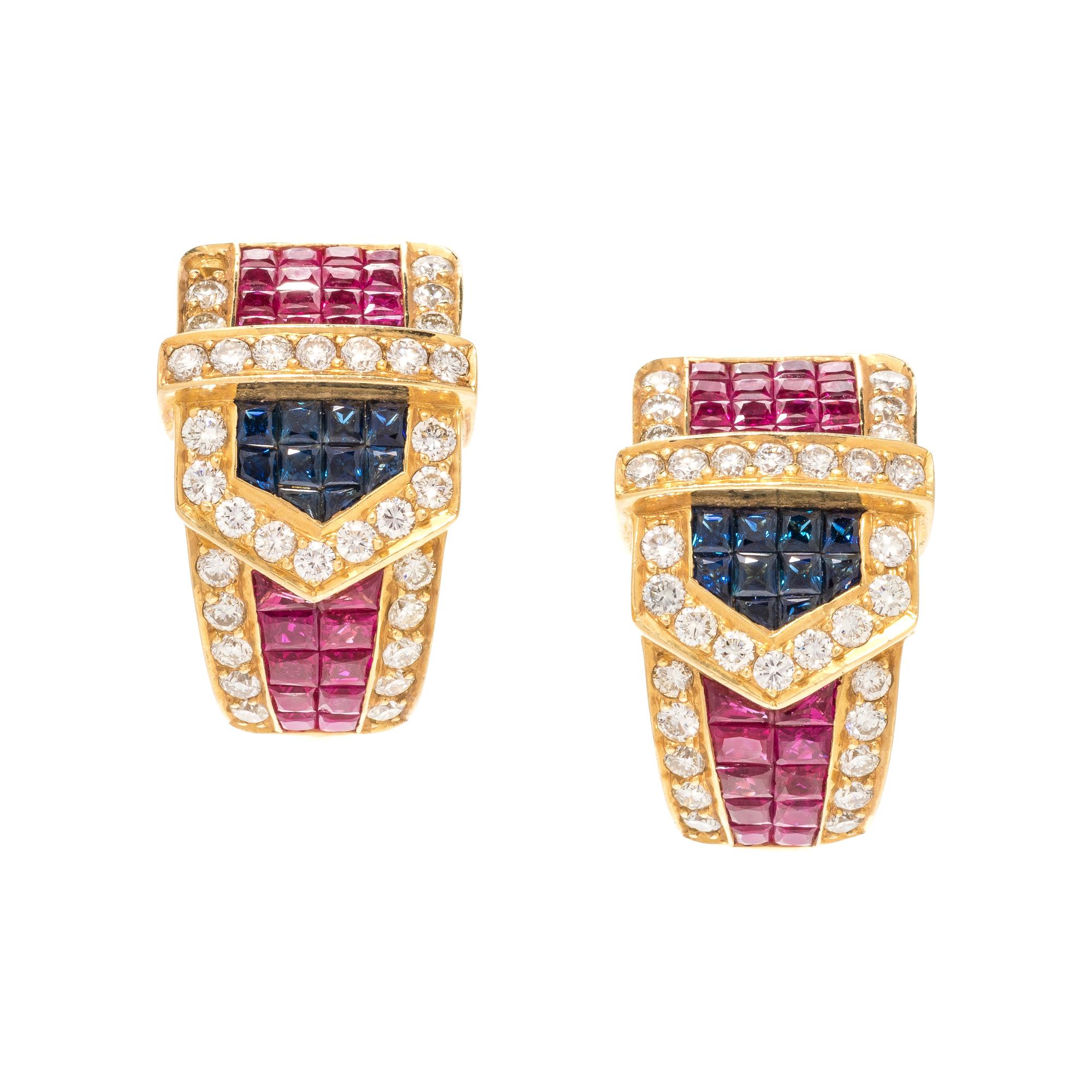 SAPPHIRE, RUBY AND DIAMOND EARCLIPS