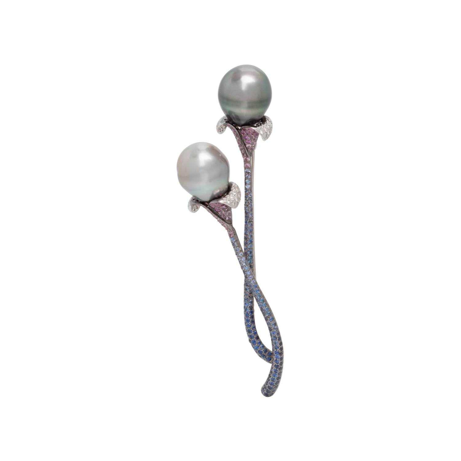 CULTURED TAHITIAN PEARL, DIAMOND AND MULTICOLOR SAPPHIRE BROOCH