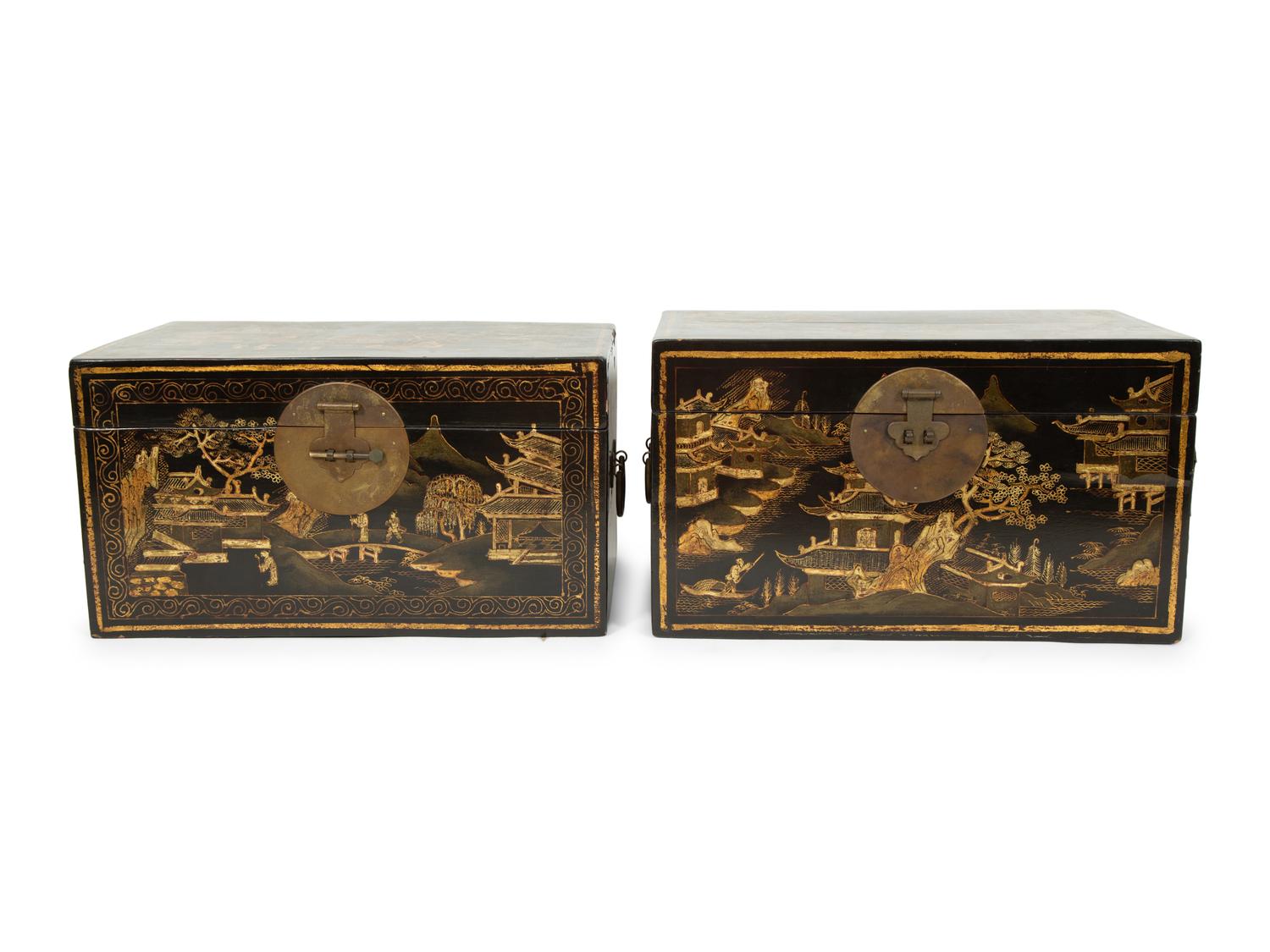 Two Chinese Black and Gilt Lacquer Boxes with Brass Mounts