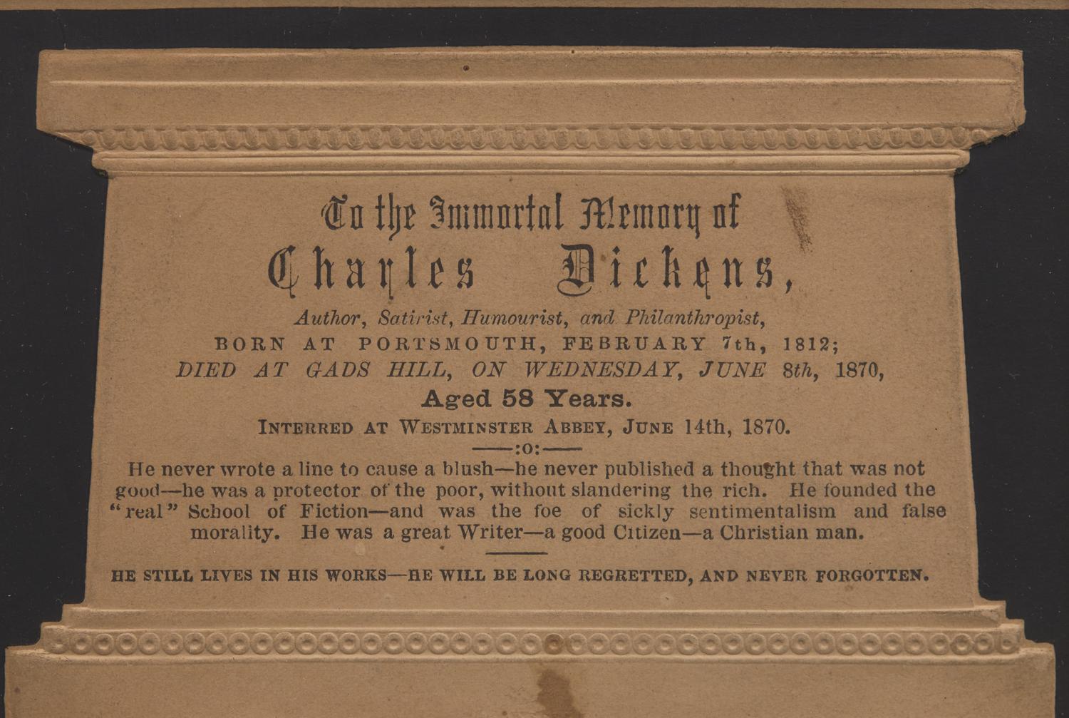 [Literature] [Dickens, Charles] Mourning Card