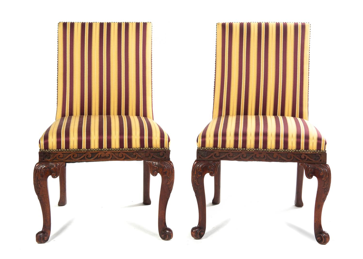 A Pair of Chippendale Style Upholstered Side Chairs, Height 36 5/8 inches.