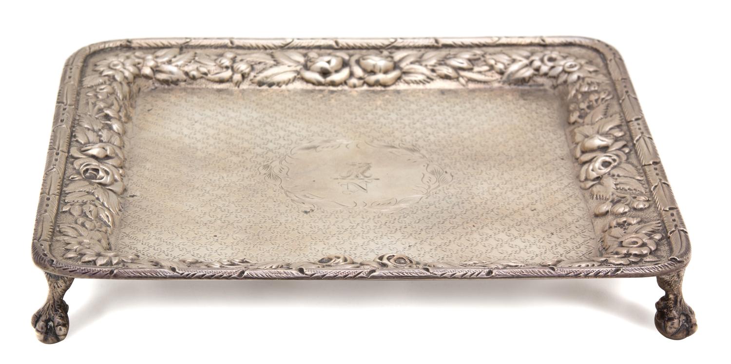 An American Silver Footed Square Tray, Andrew Ellicott Warner, Baltimore, MD, 19th Century, having repousse border of roses, with centr